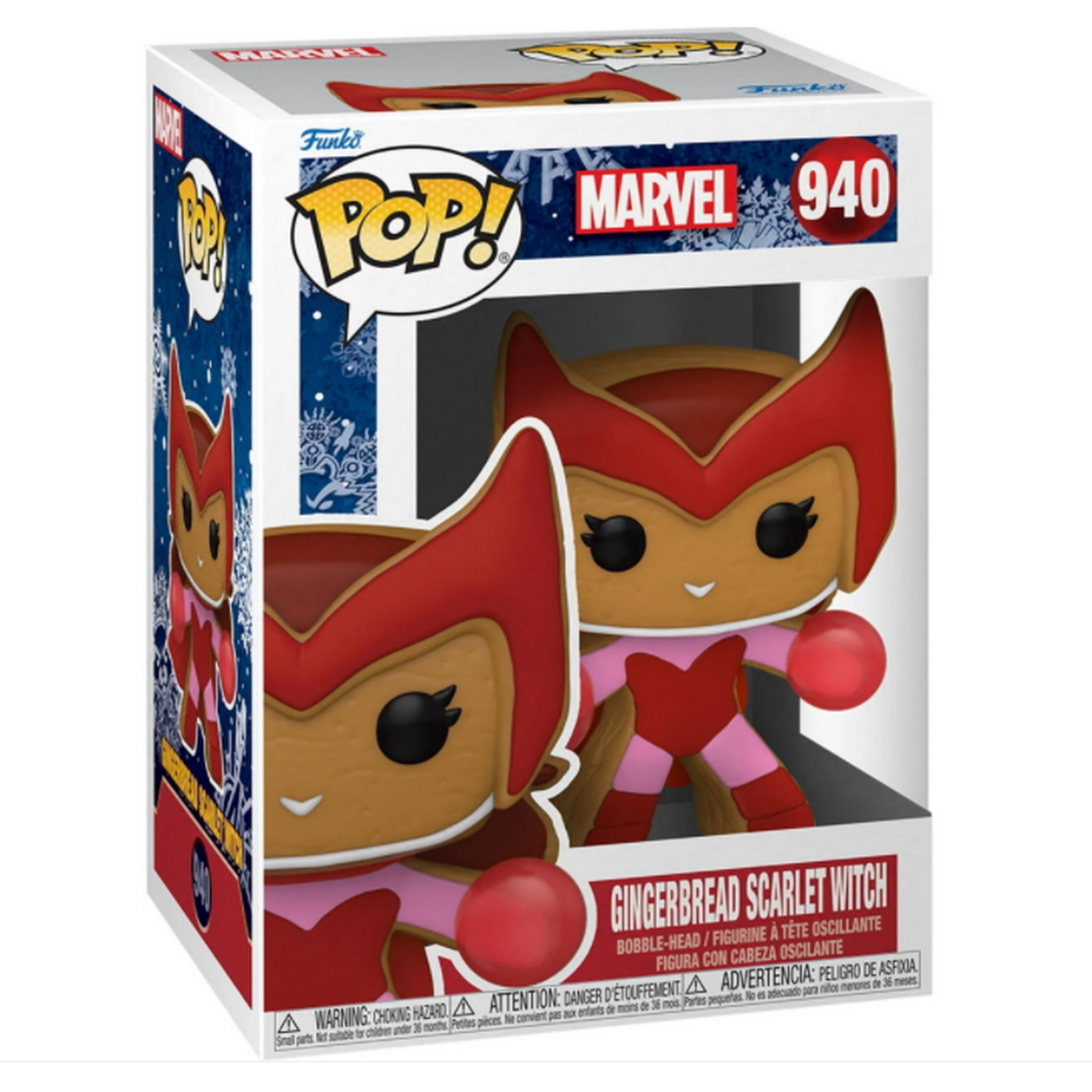 Action figure Funko Pop! "Gingerbread Scarlet Witch" con mantello e mani rosse.