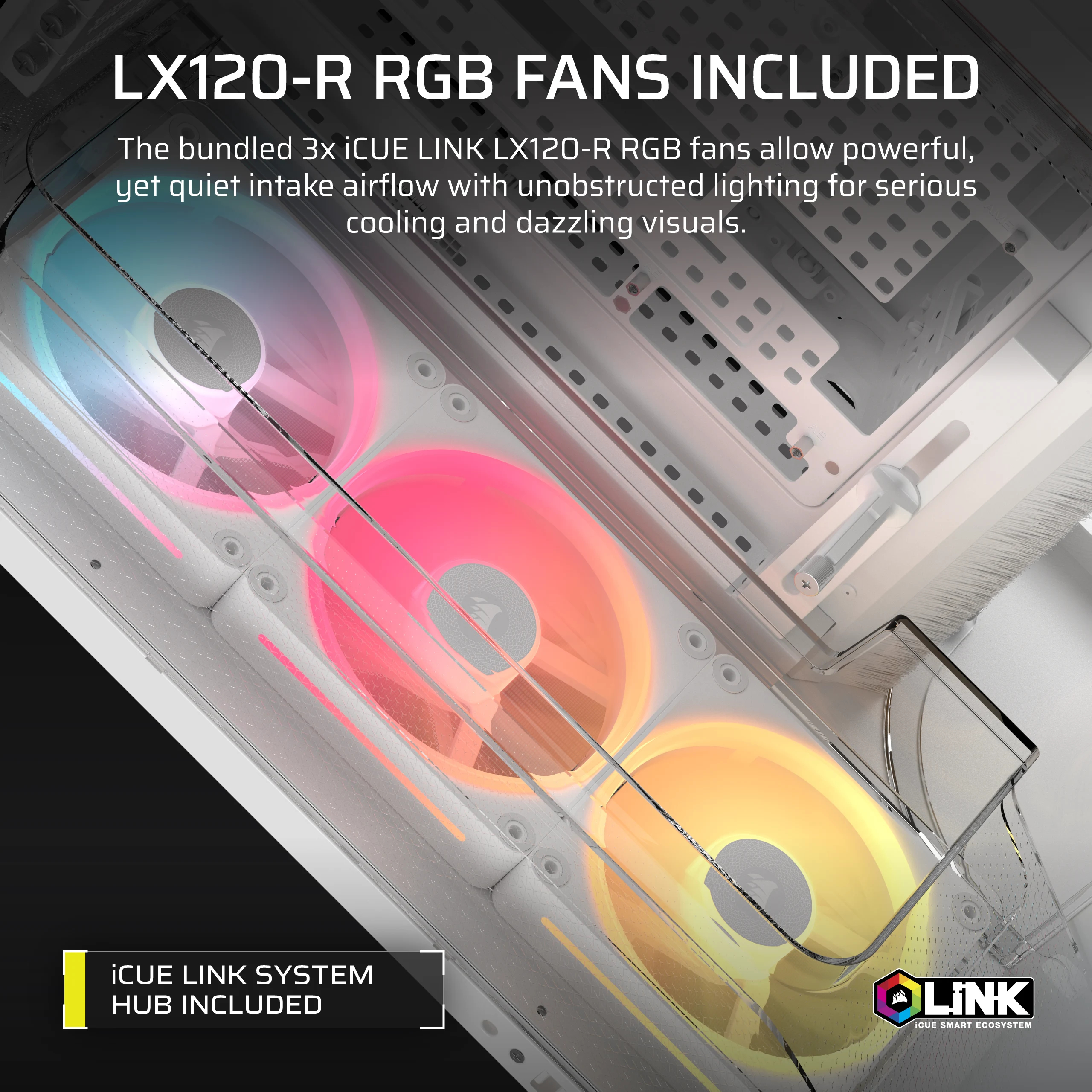 Tre ventole RGB con illuminazione multicolore, parte del sistema iCUE LINK.