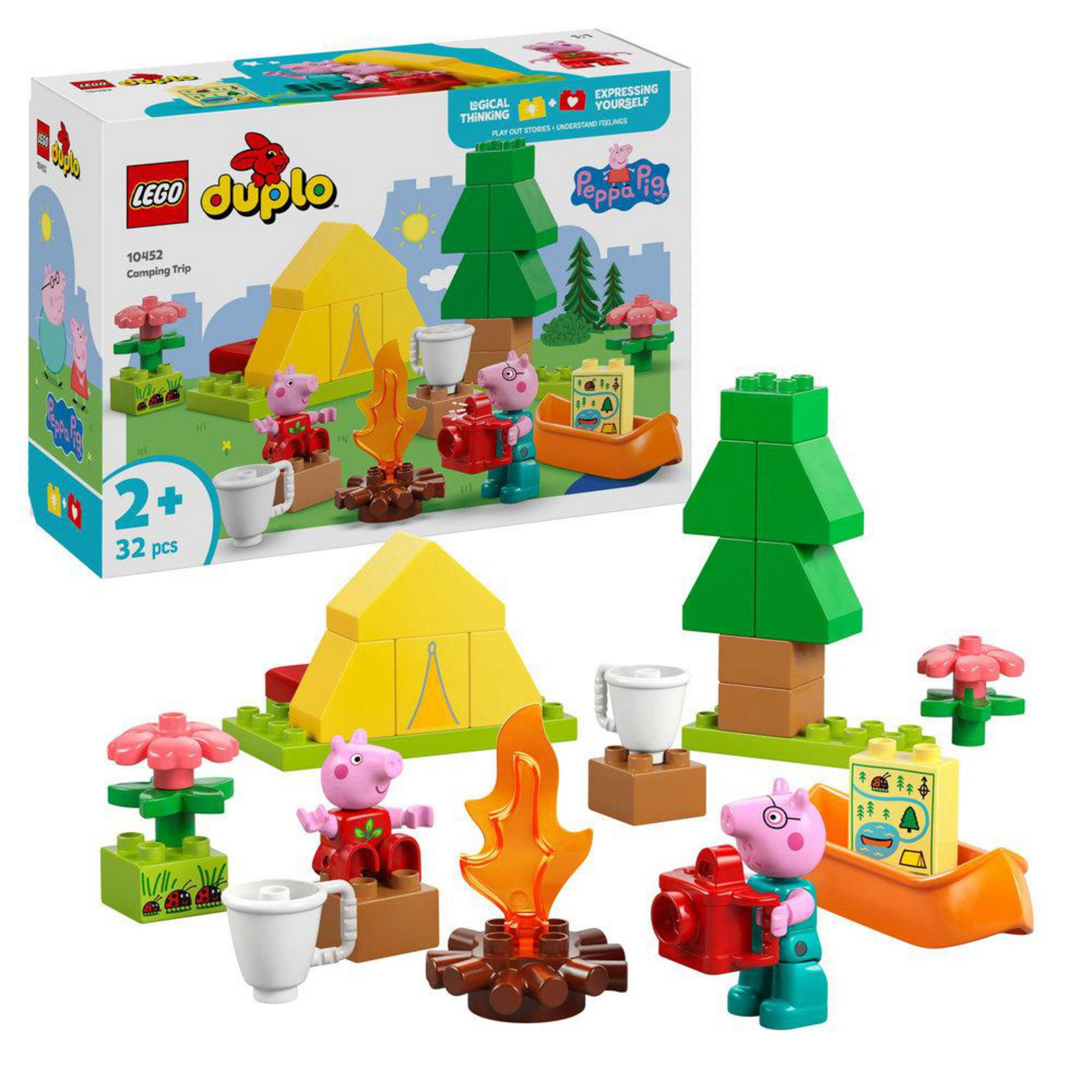 Set de camping LEGO Duplo Peppa Pig con figuras, tienda, fogata y bote.
