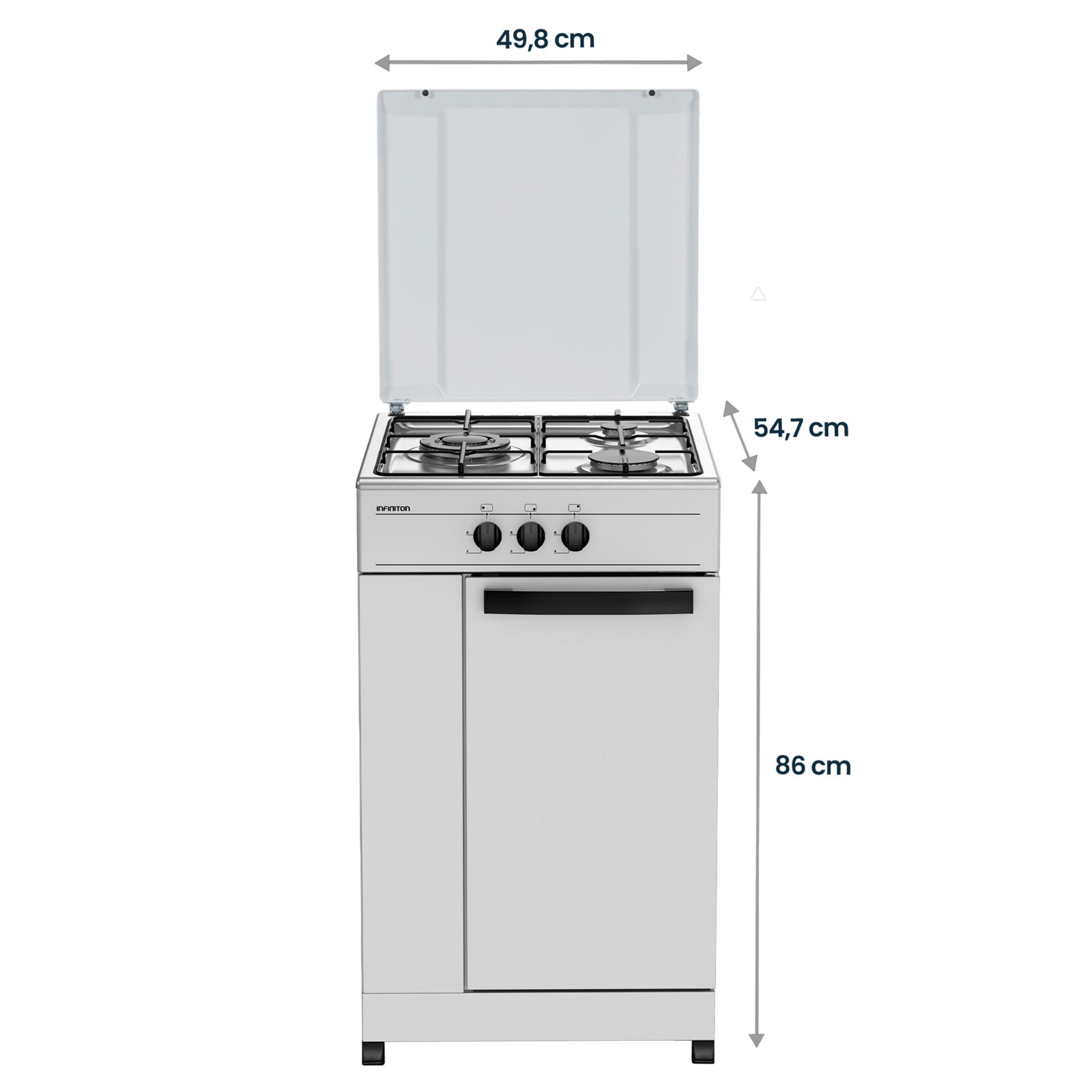 Una estufa de gas independiente con cuatro quemadores y horno debajo.