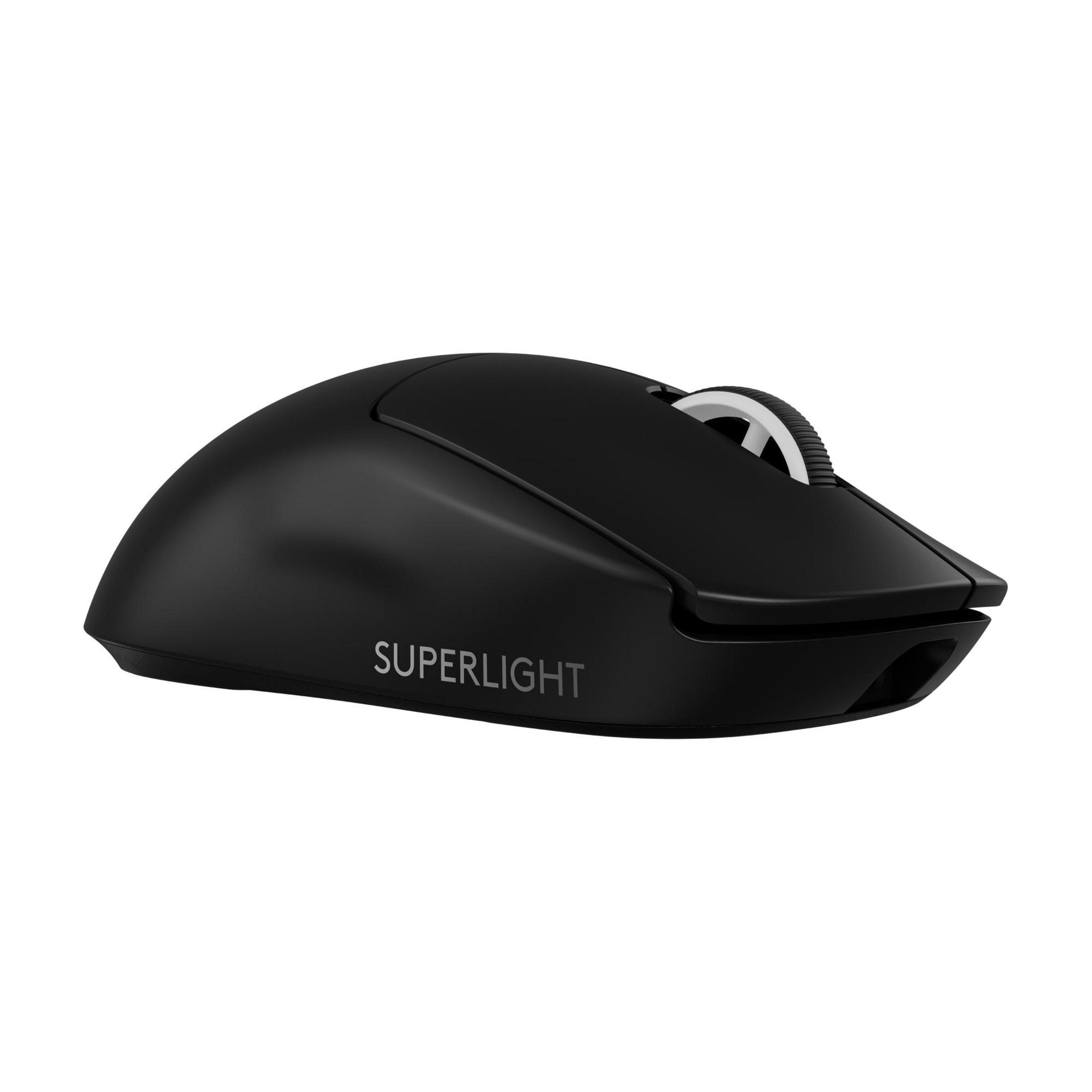 Mouse gaming wireless nero con rotellina argentata, scritta SUPERLIGHT.