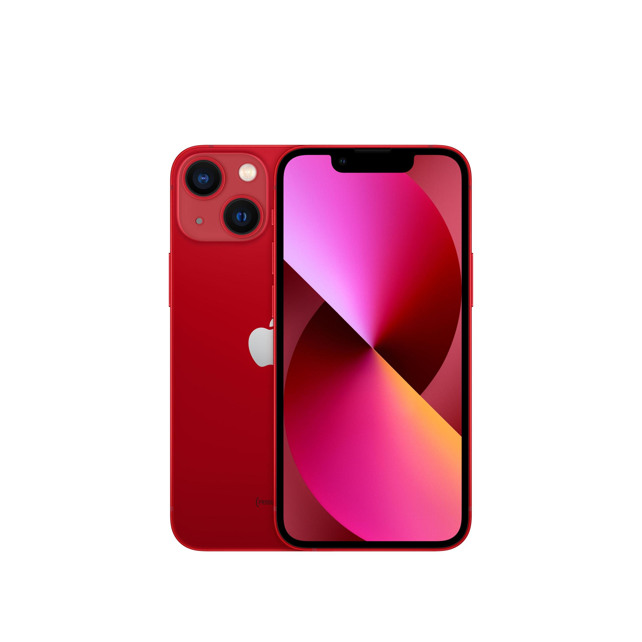 Czerwony iPhone 13 z dwoma aparatami i kolorowym ekranem.