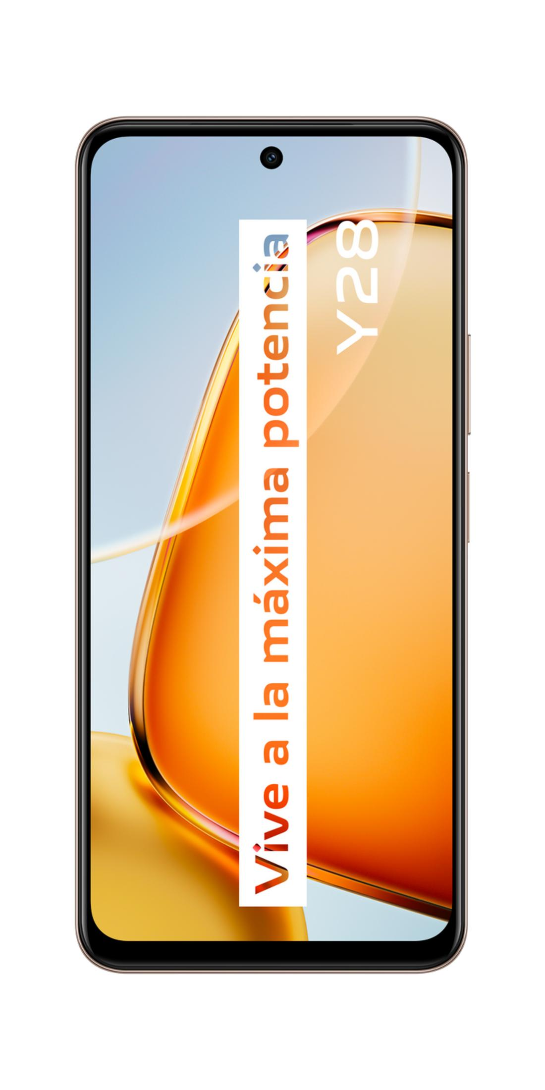 Uno smartphone con il testo "Vive a la máxima potencia Y28" sullo schermo.