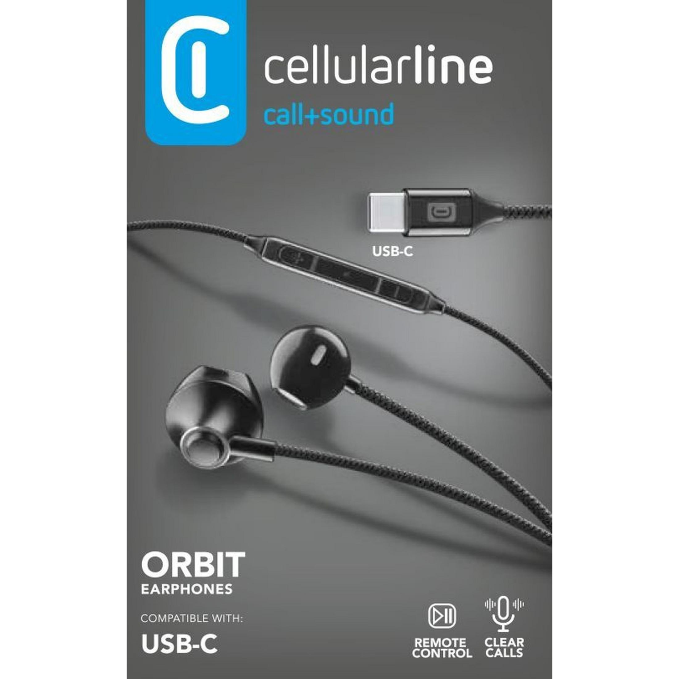 Auriculares USB-C negros con control remoto y micrófono.