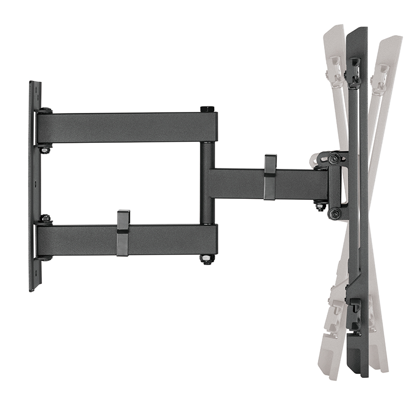 Ein ausziehbarer Wandhalter für Fernseher, aus schwarzem Metall, mit Gelenk.