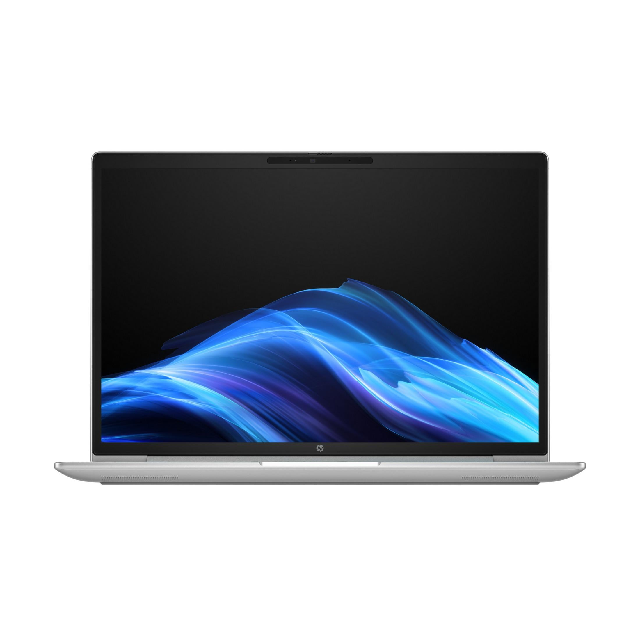 Srebrny laptop z abstrakcyjnym niebieskim tłem fal na ekranie.