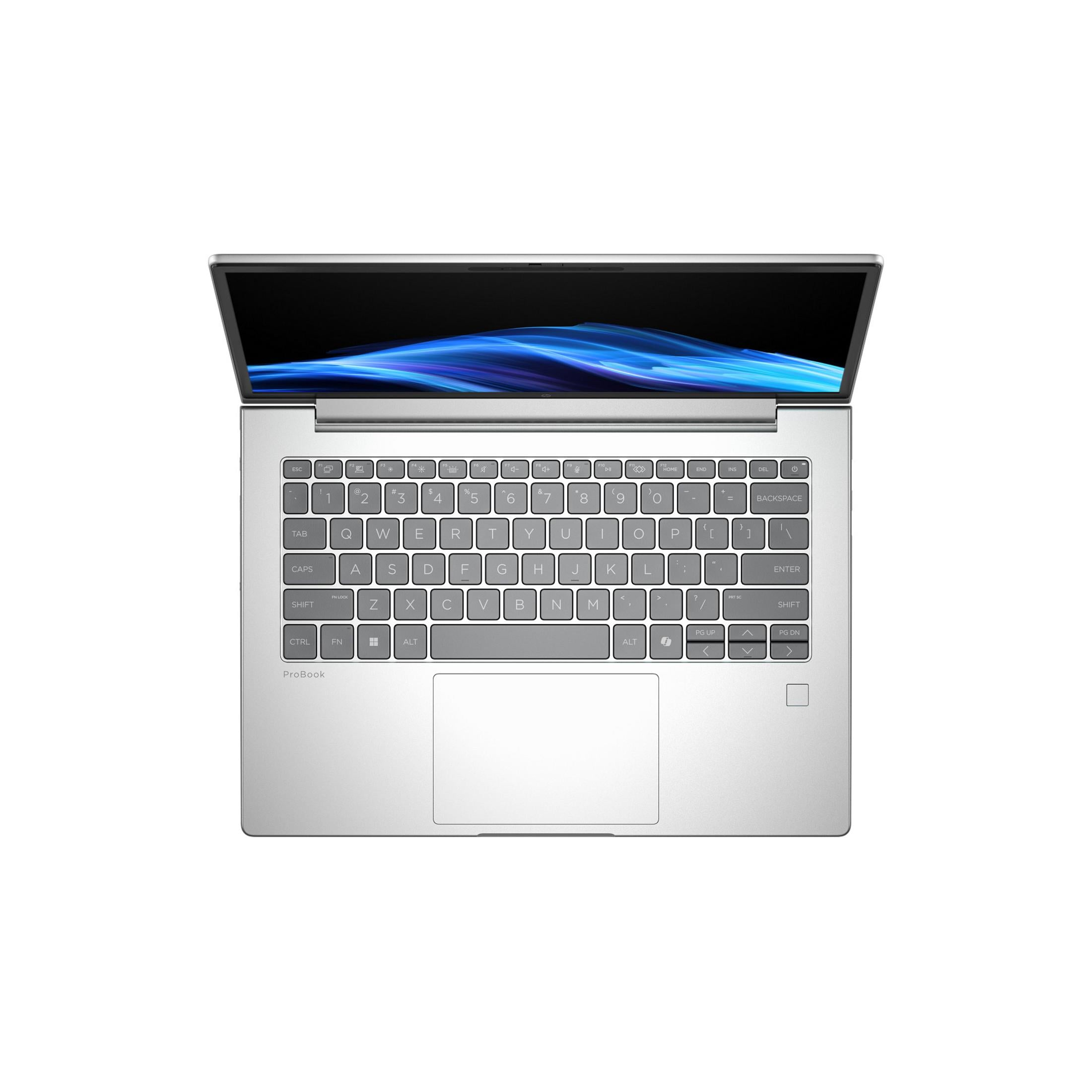 Srebrny laptop z otwartym ekranem, wyświetlający niebieską grafikę abstrakcyjną.