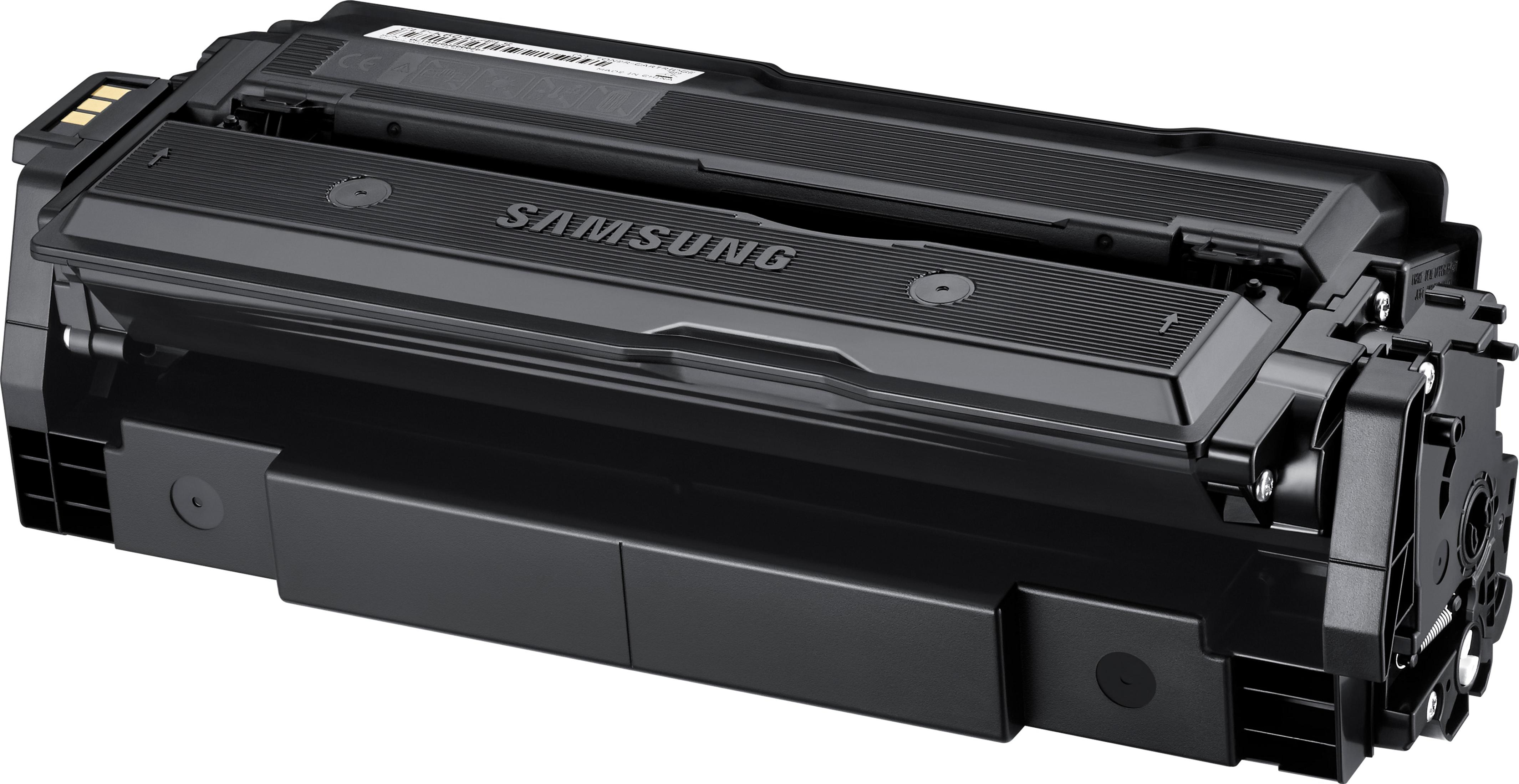 Cartucho de tóner negro Samsung con detalles y conectores visibles.
