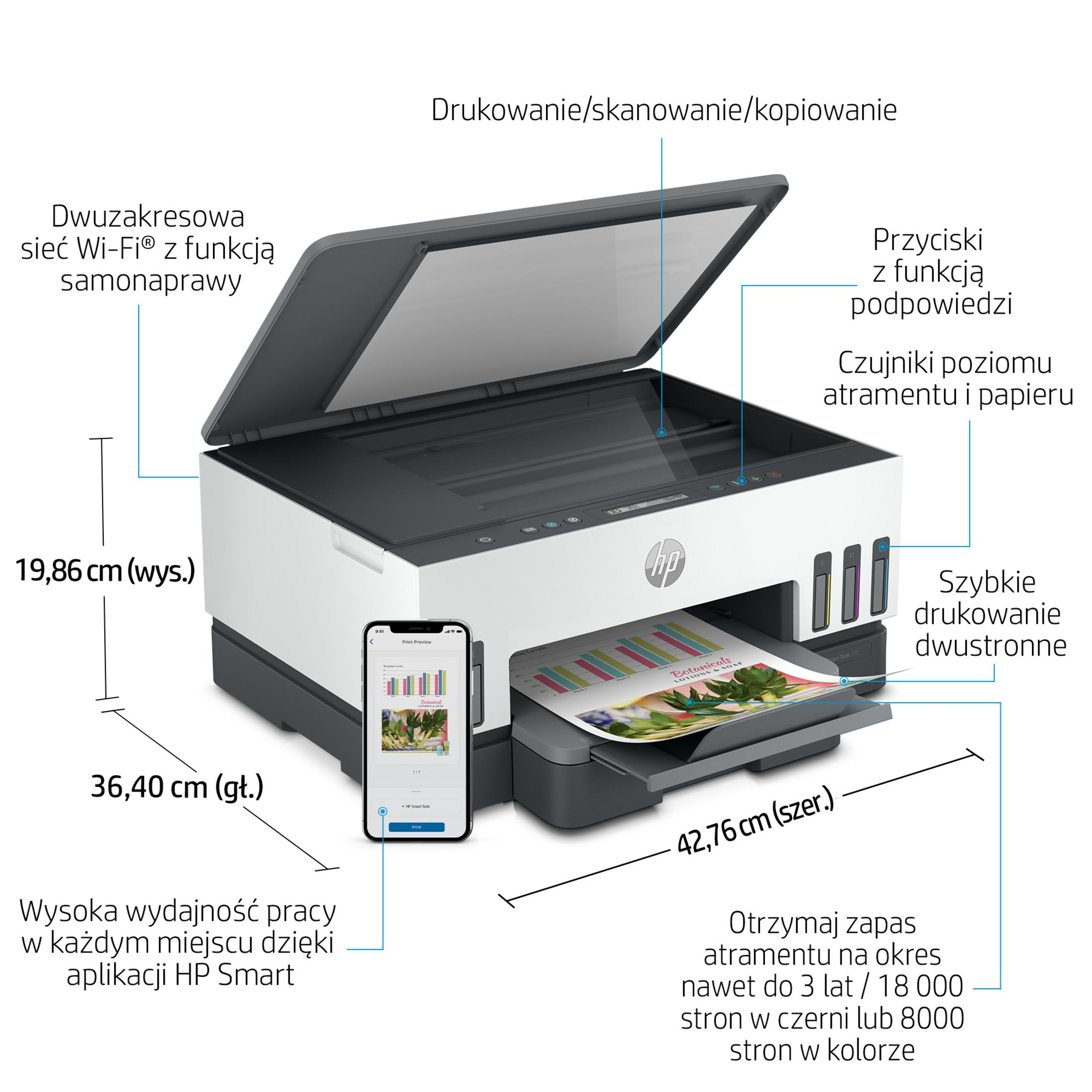 Ein weißer und grauer HP Drucker mit geöffnetem Scannerdeckel, Maßen und Funktionen.