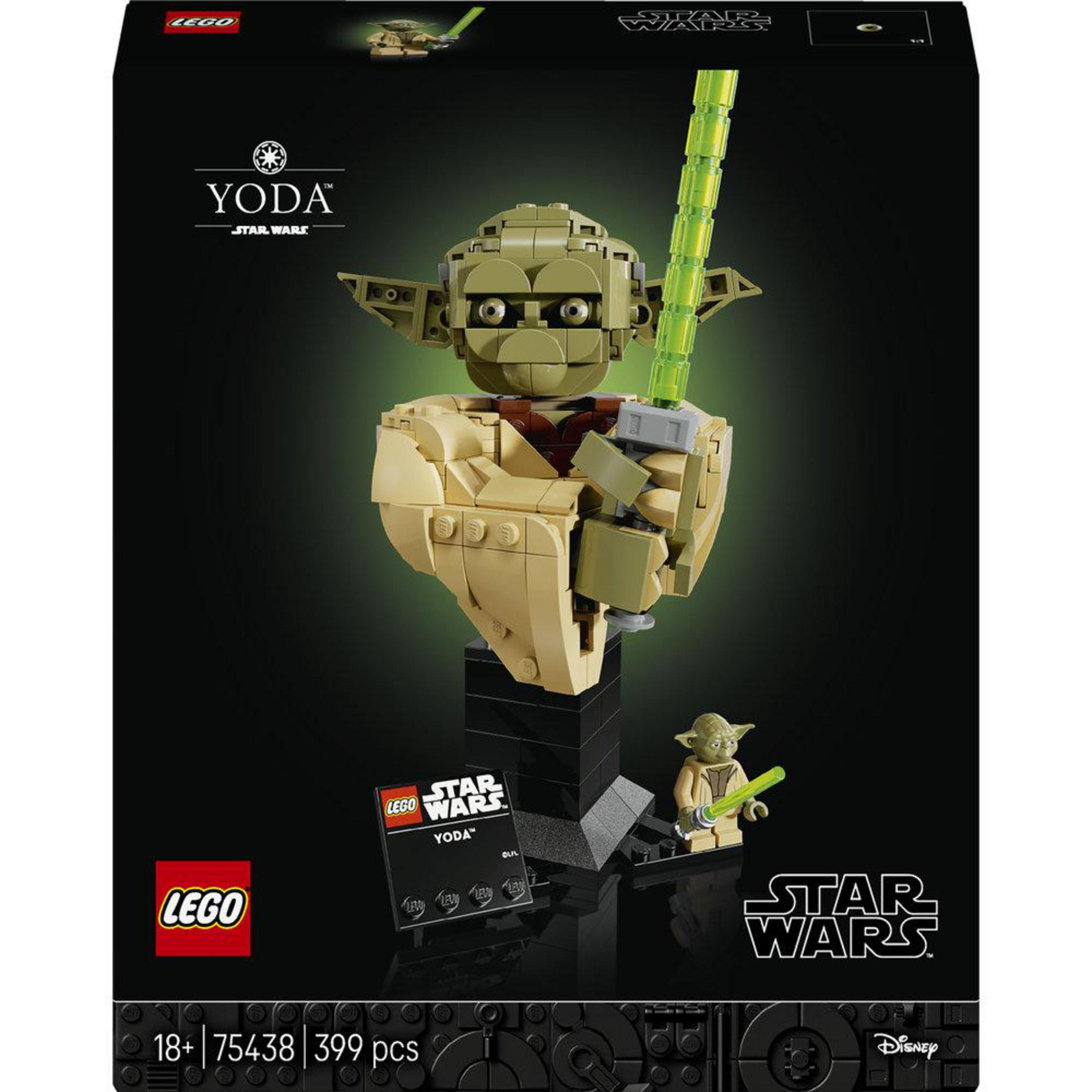 Kit de construcción LEGO Star Wars cabeza de Yoda con minifigura y sable de luz.