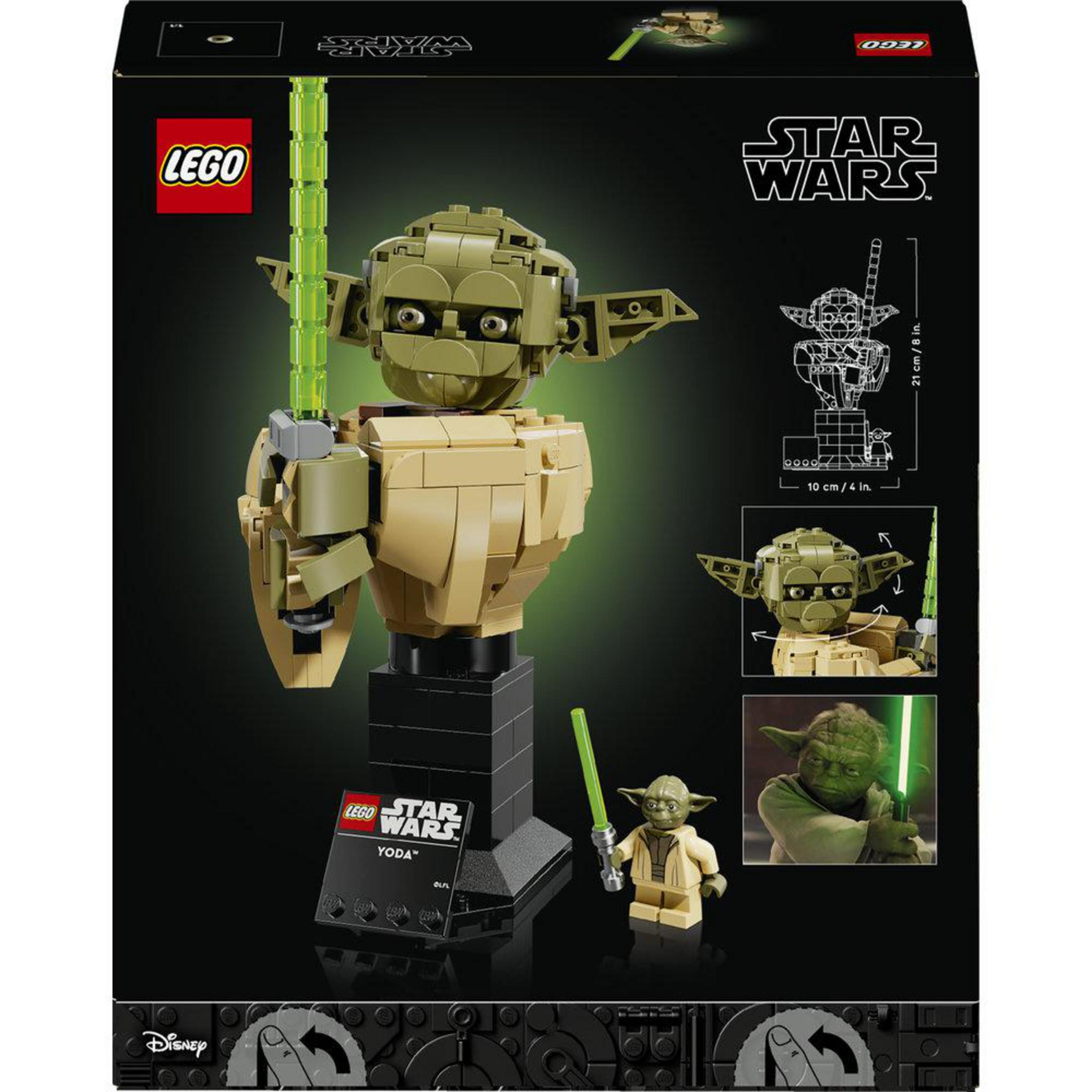 Kit LEGO Star Wars Yoda con sable de luz sobre base negra.