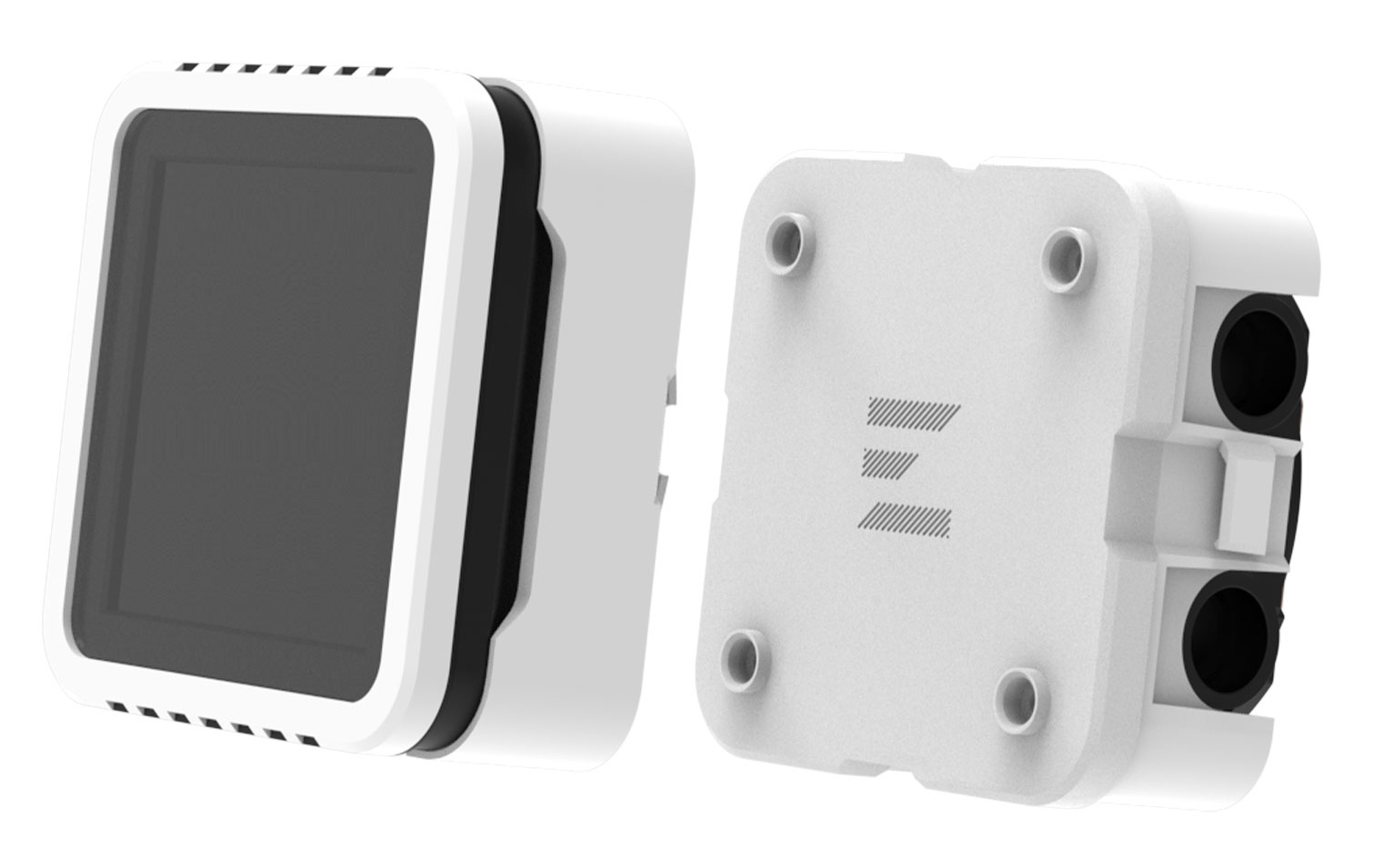 Dos dispositivos rectangulares blancos uno al lado del otro, uno con pantalla, el otro con puertos.