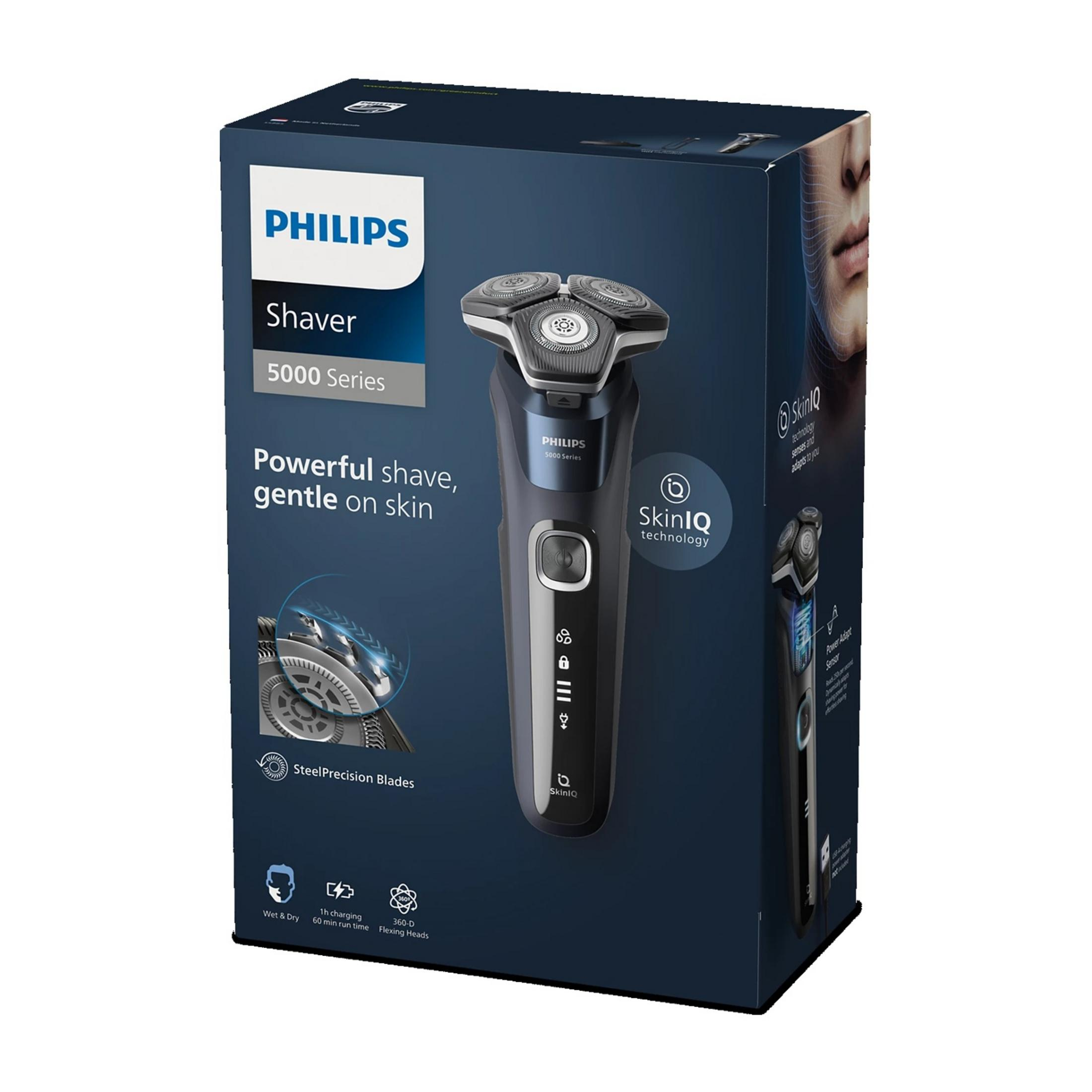 Caja para una afeitadora Philips Serie 5000, mostrando el cabezal de cerca.