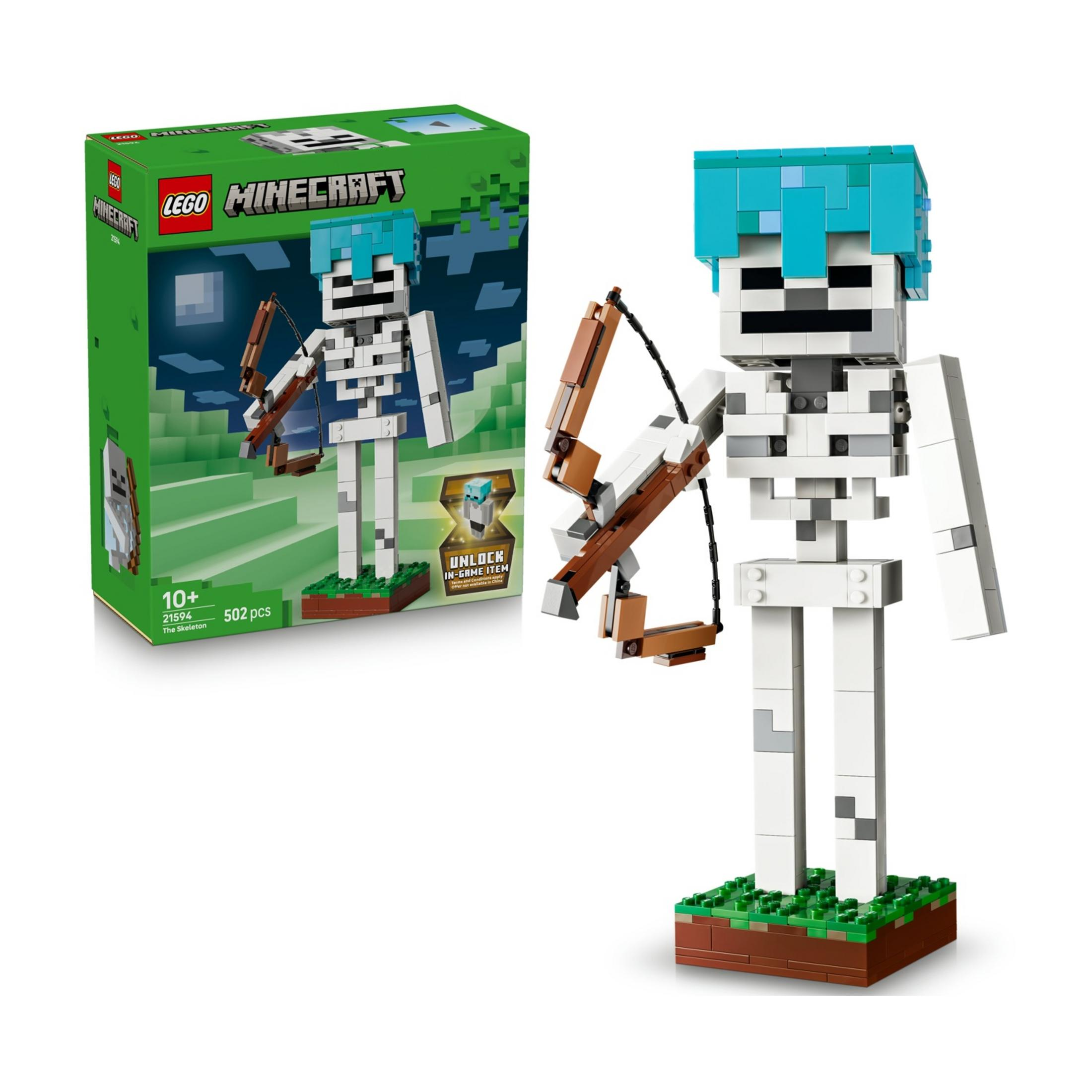 Un set de construcción de esqueleto LEGO Minecraft con pelo azul y arco.