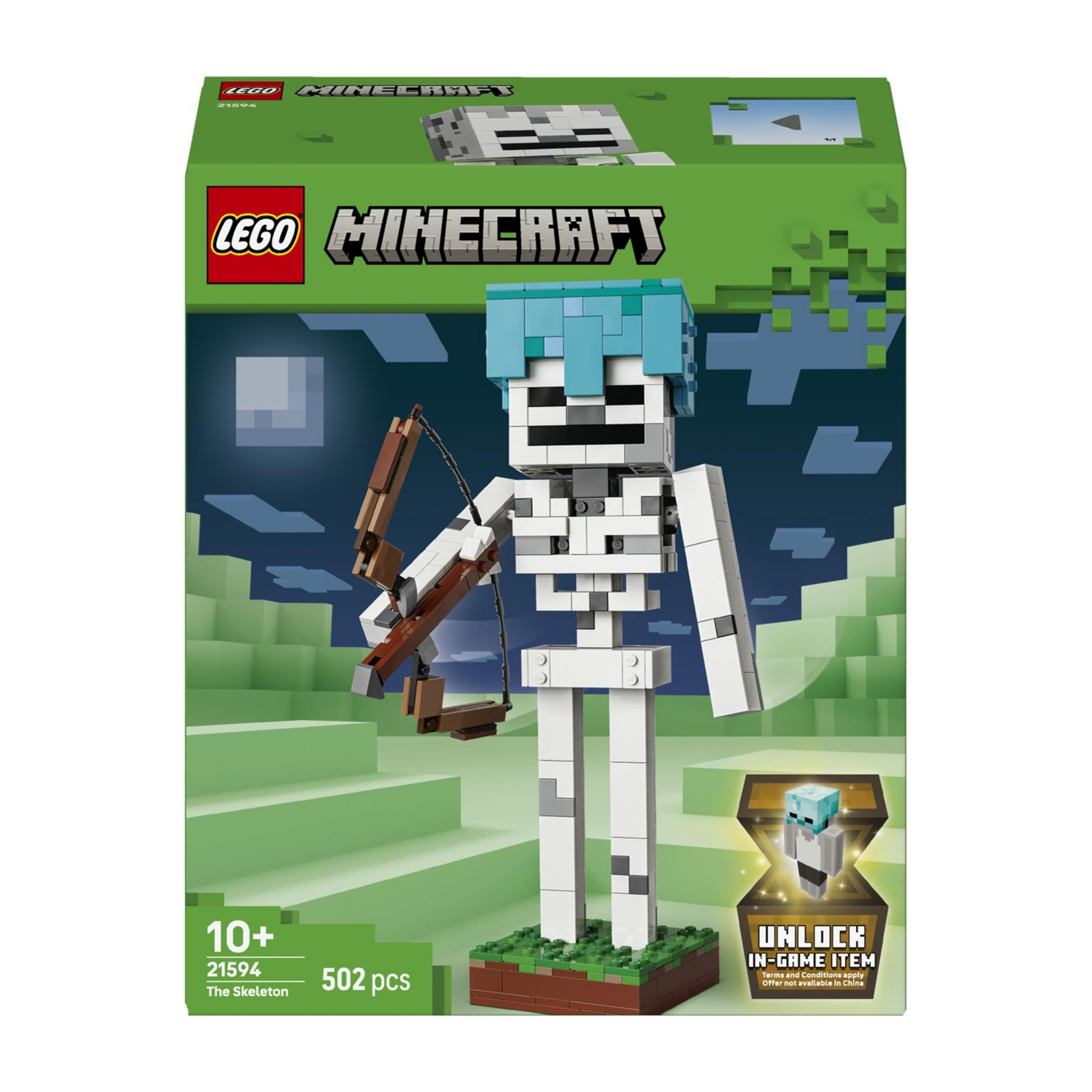 Maqueta LEGO Minecraft Esqueleto con arco y flecha en paisaje verde.