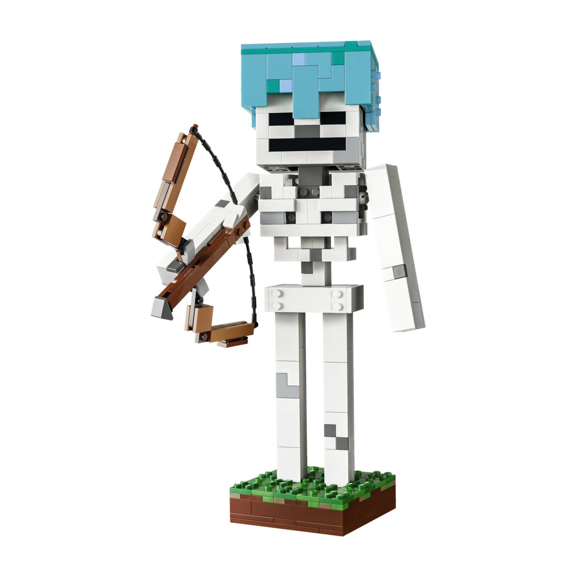 Figura esqueleto Lego Minecraft con pelo azul y arco, sobre base de hierba.