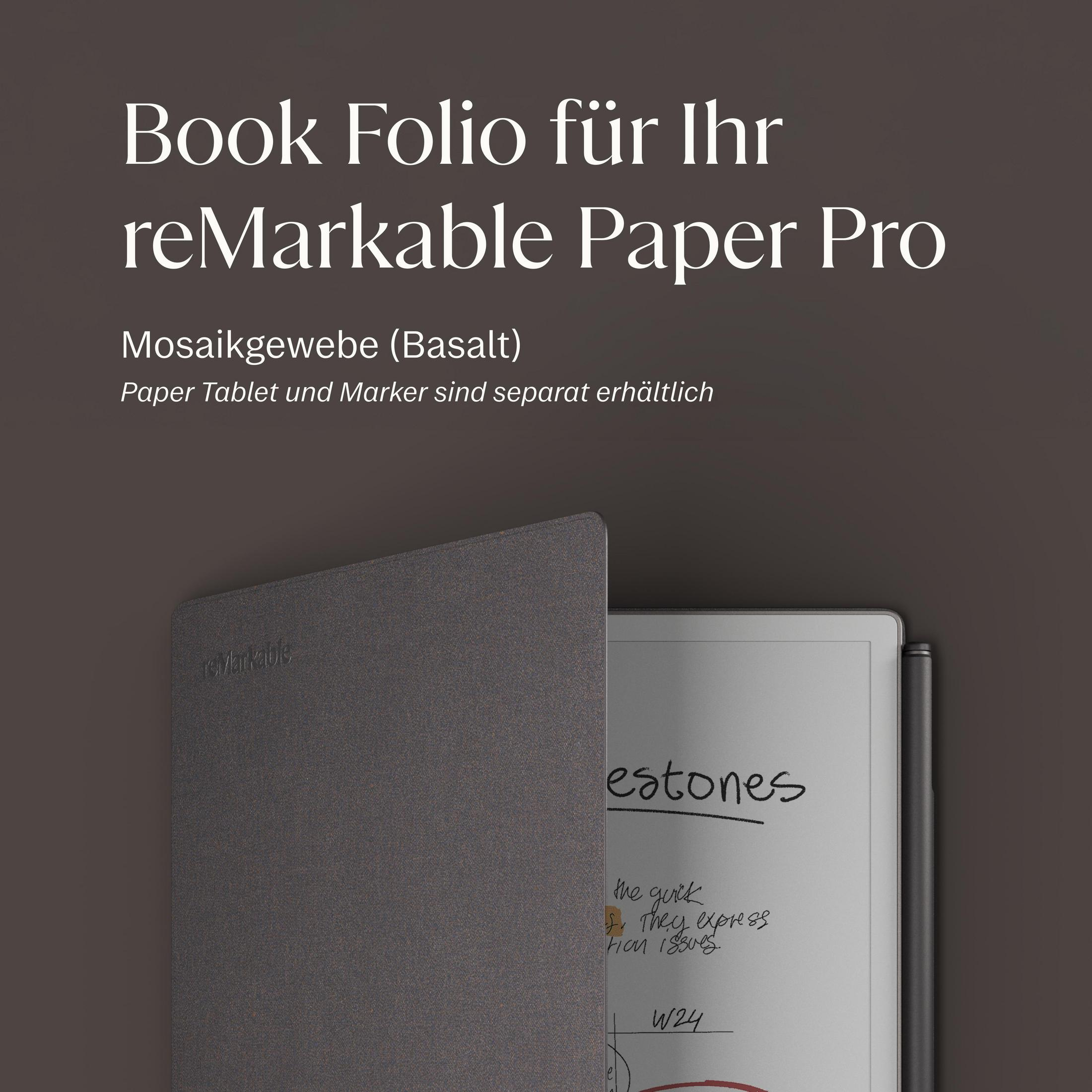 Ekranında notlar bulunan reMarkable Paper Pro için gri kitap kılıfı.