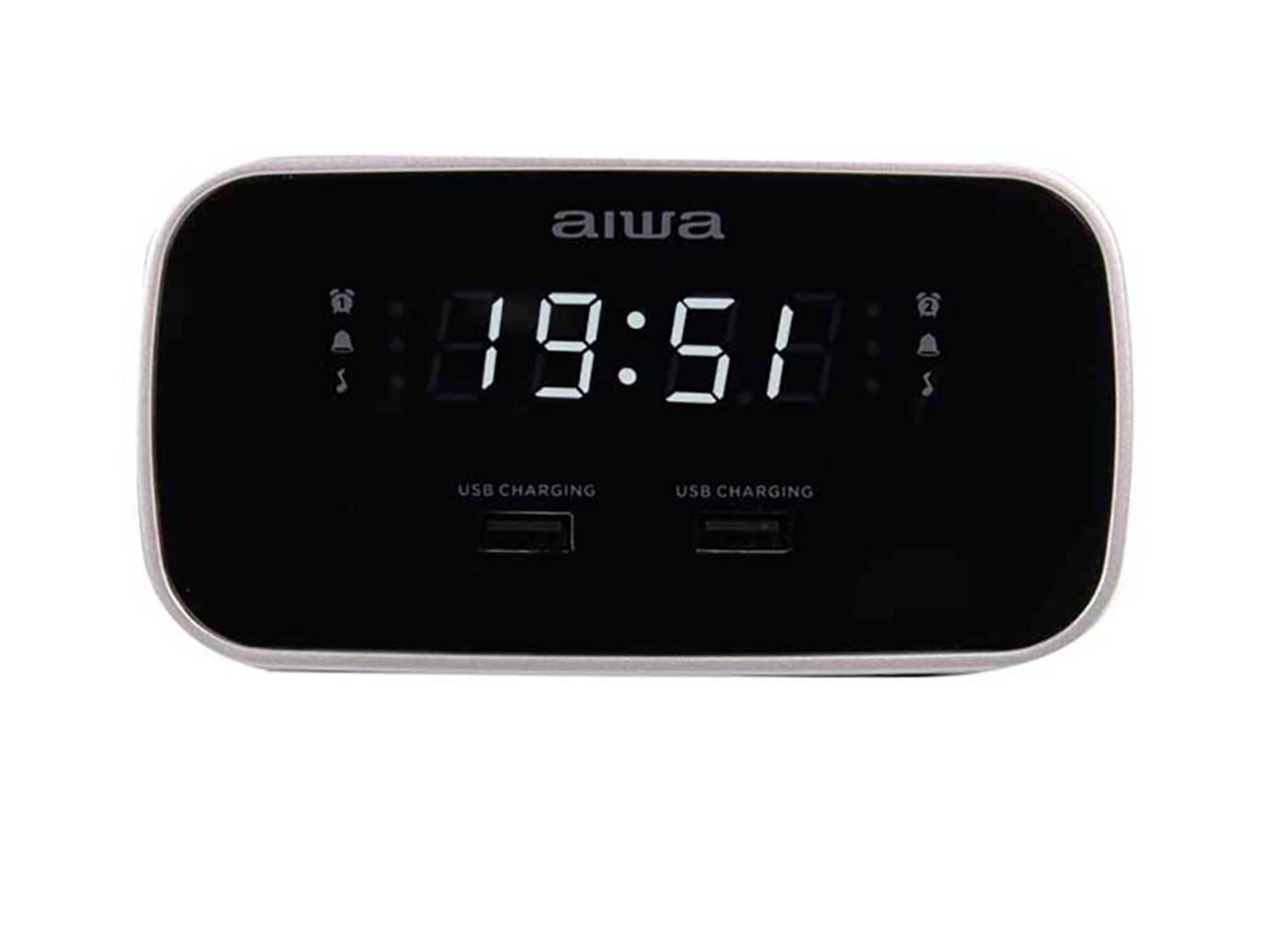 Ein digitaler Wecker mit der Zeit 19:51, Alarm und USB-Ladeanschlüssen.