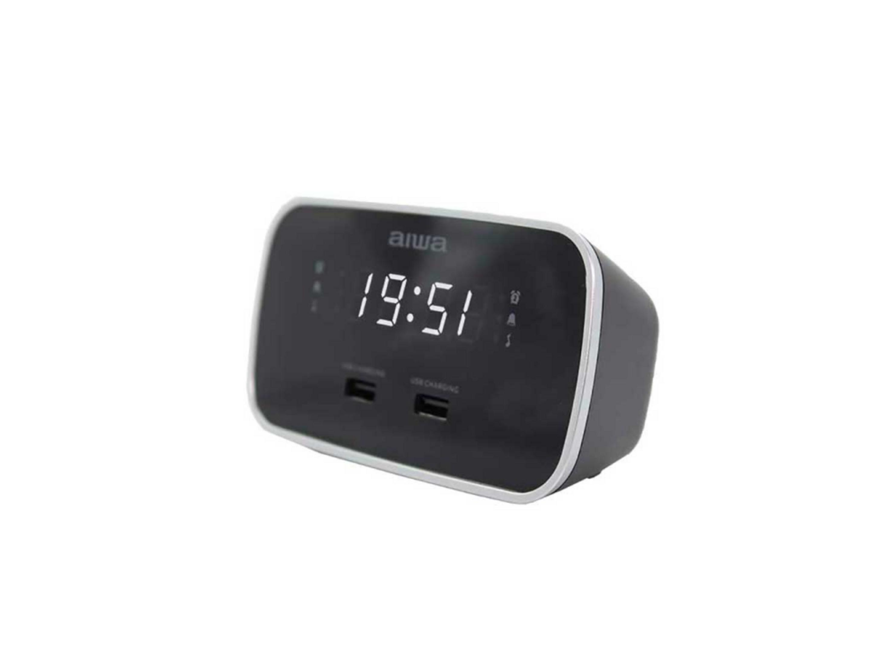 Ein schwarzer digitaler Wecker mit silbernem Rand zeigt 19:51 an.
