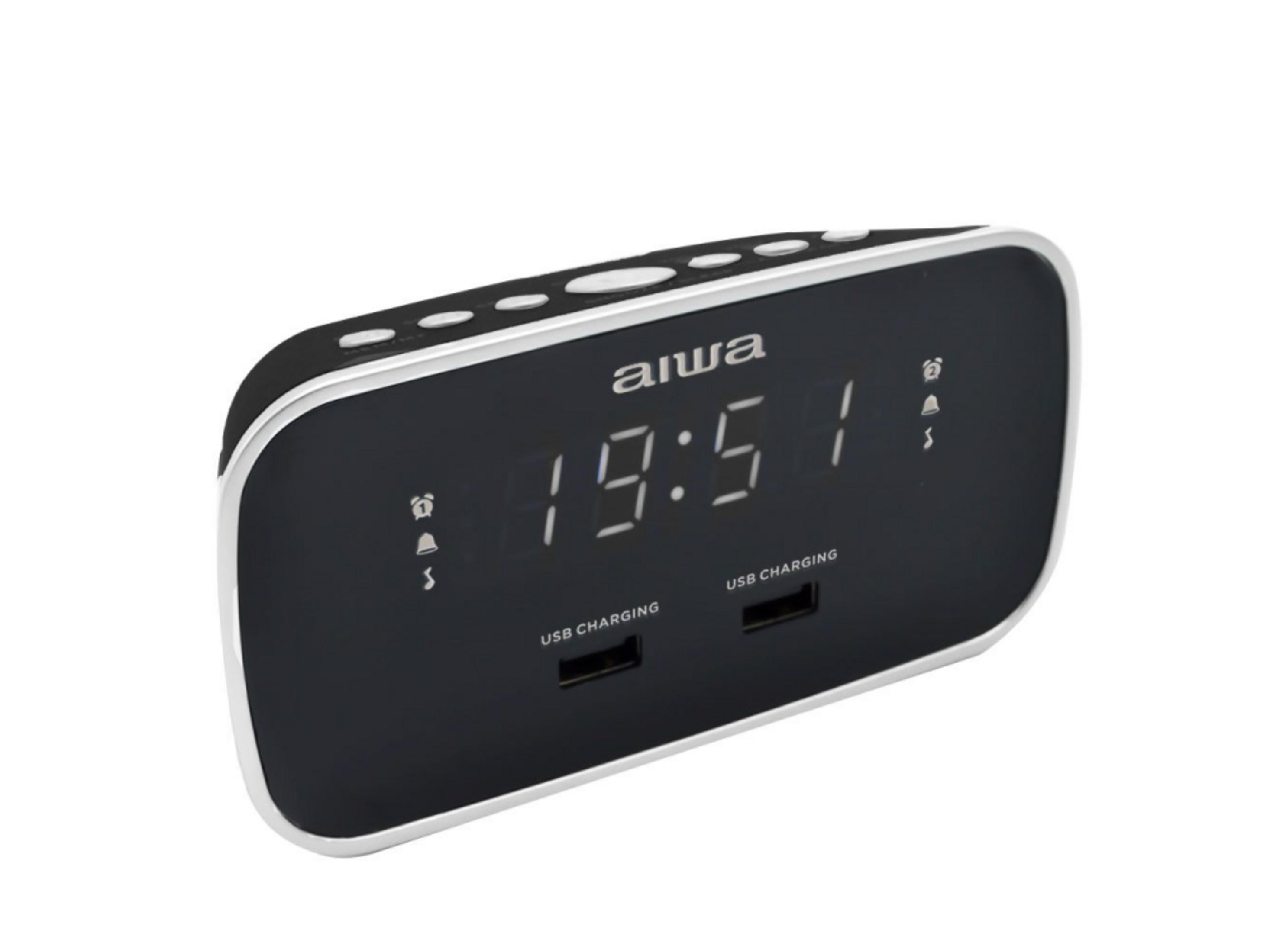 Ein schwarzer Digitalwecker mit Aiwa-Logo und Uhrzeit 19:51.