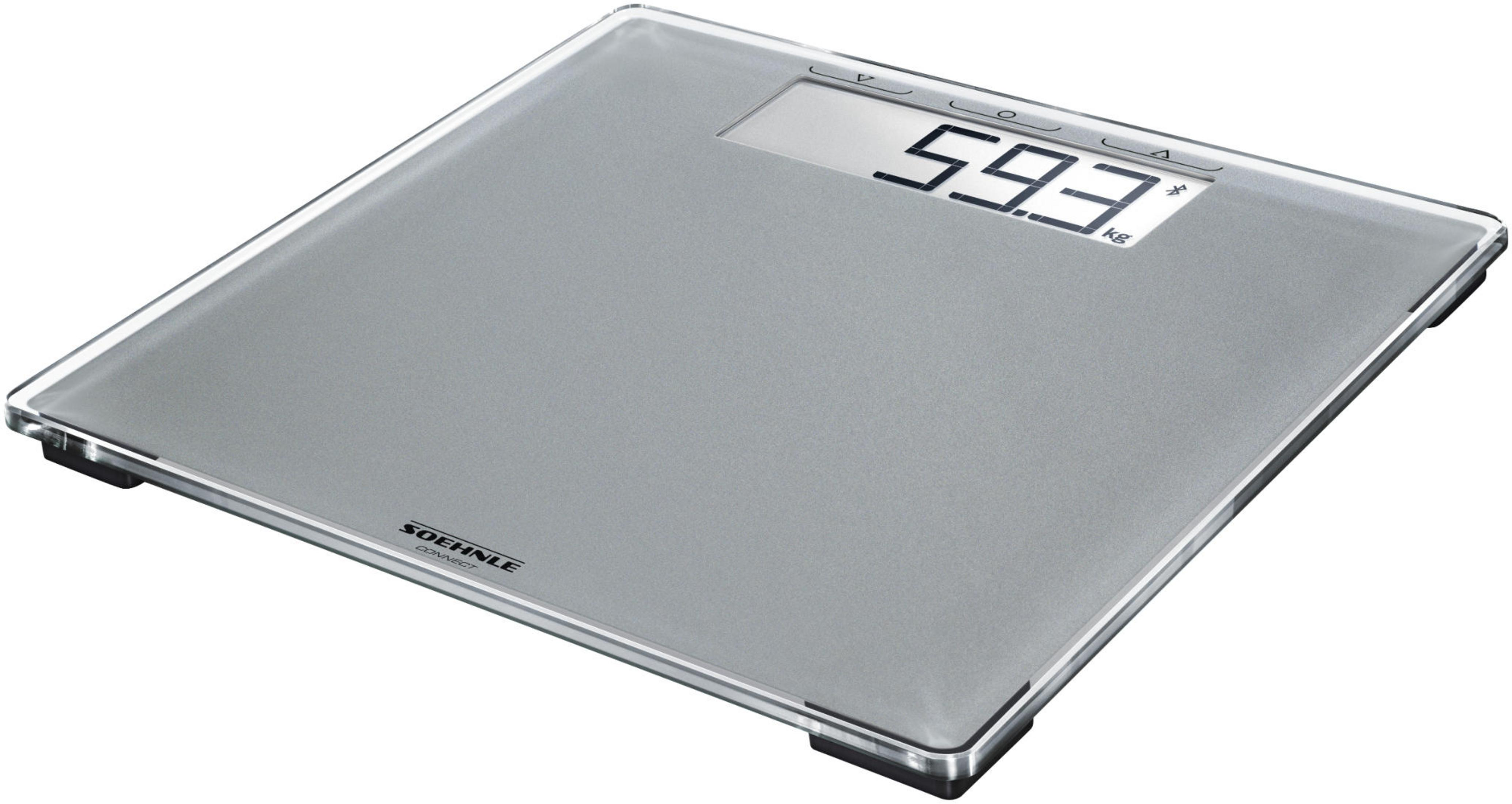 Eine digitale Personenwaage aus Glas mit einem LCD-Display, das 59,3 kg anzeigt.