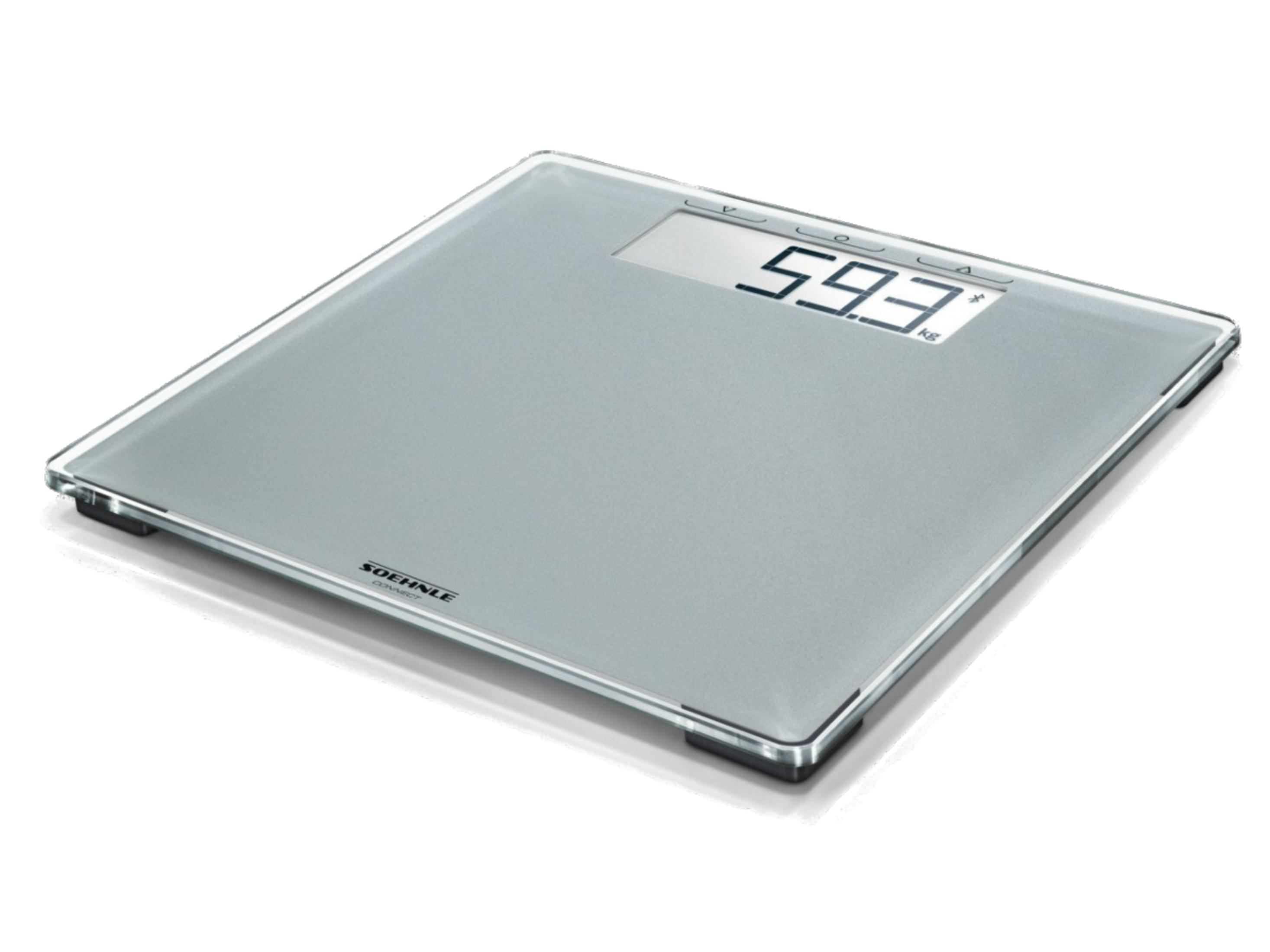 Eine graue Glaswaage mit digitaler Anzeige von 59,3 kg.
