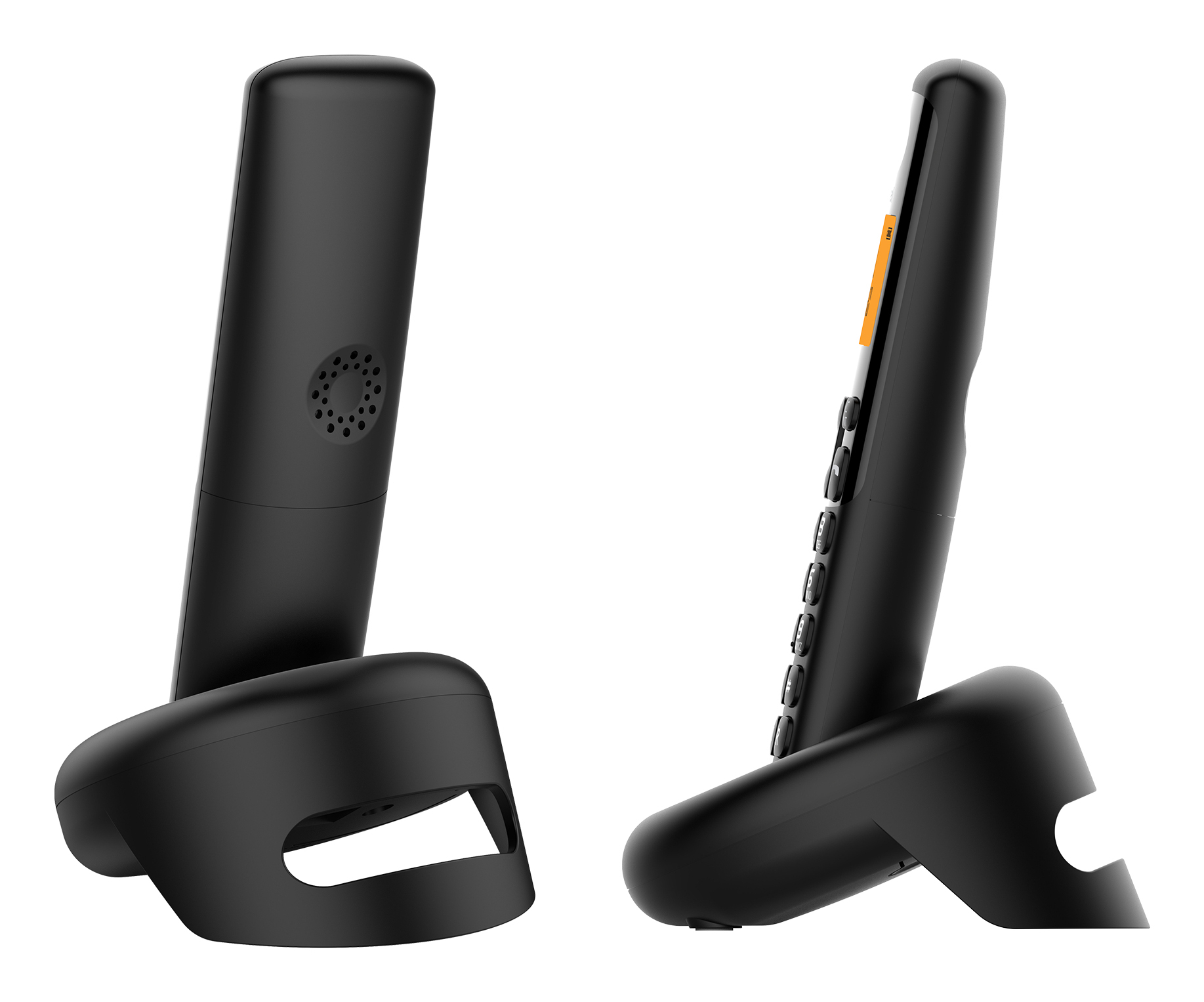 Due telefoni cordless neri mostrati sulle loro basi di ricarica, viste frontale e laterale.
