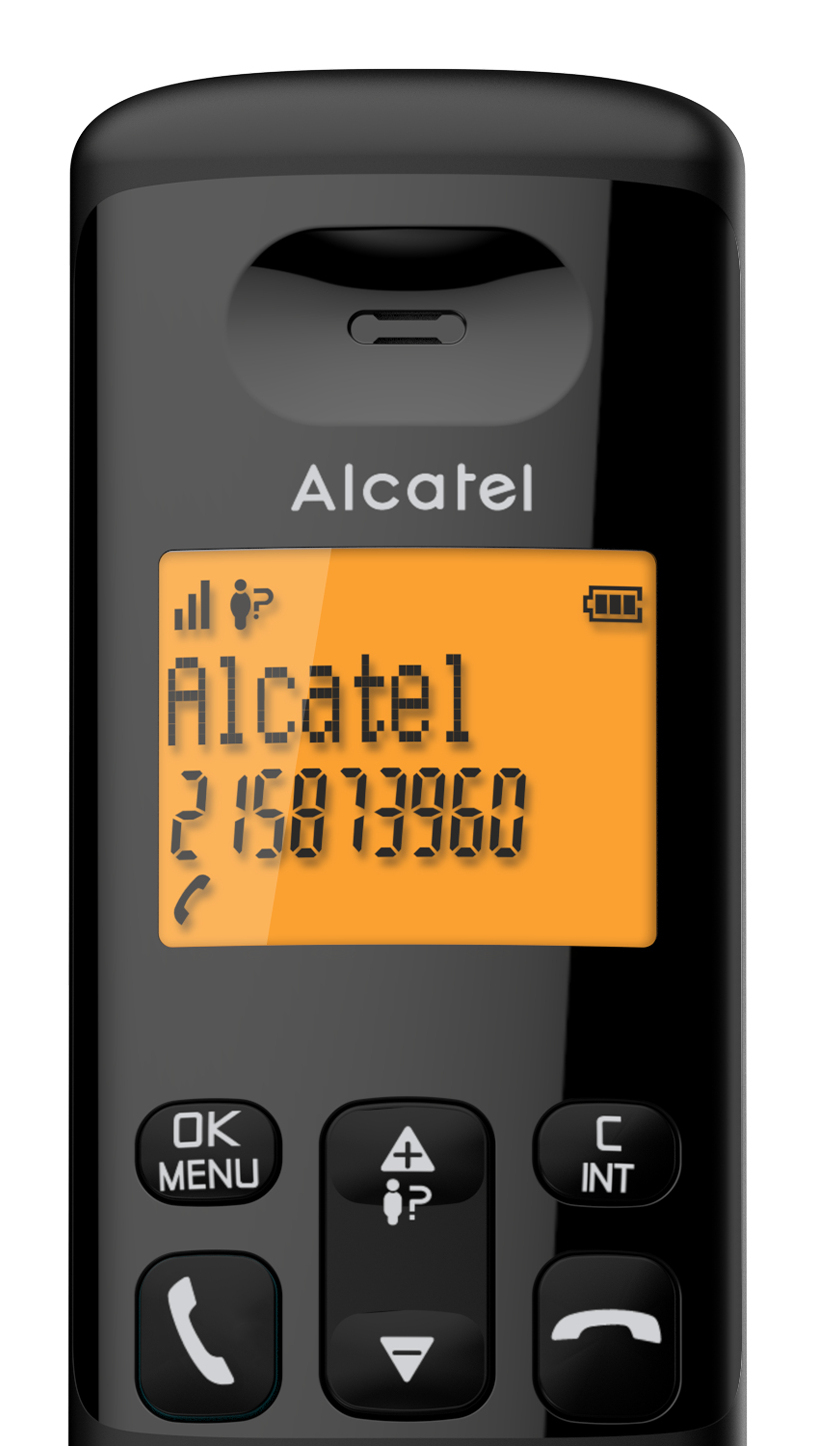 Un telefono Alcatel nero con display arancione che mostra un numero.