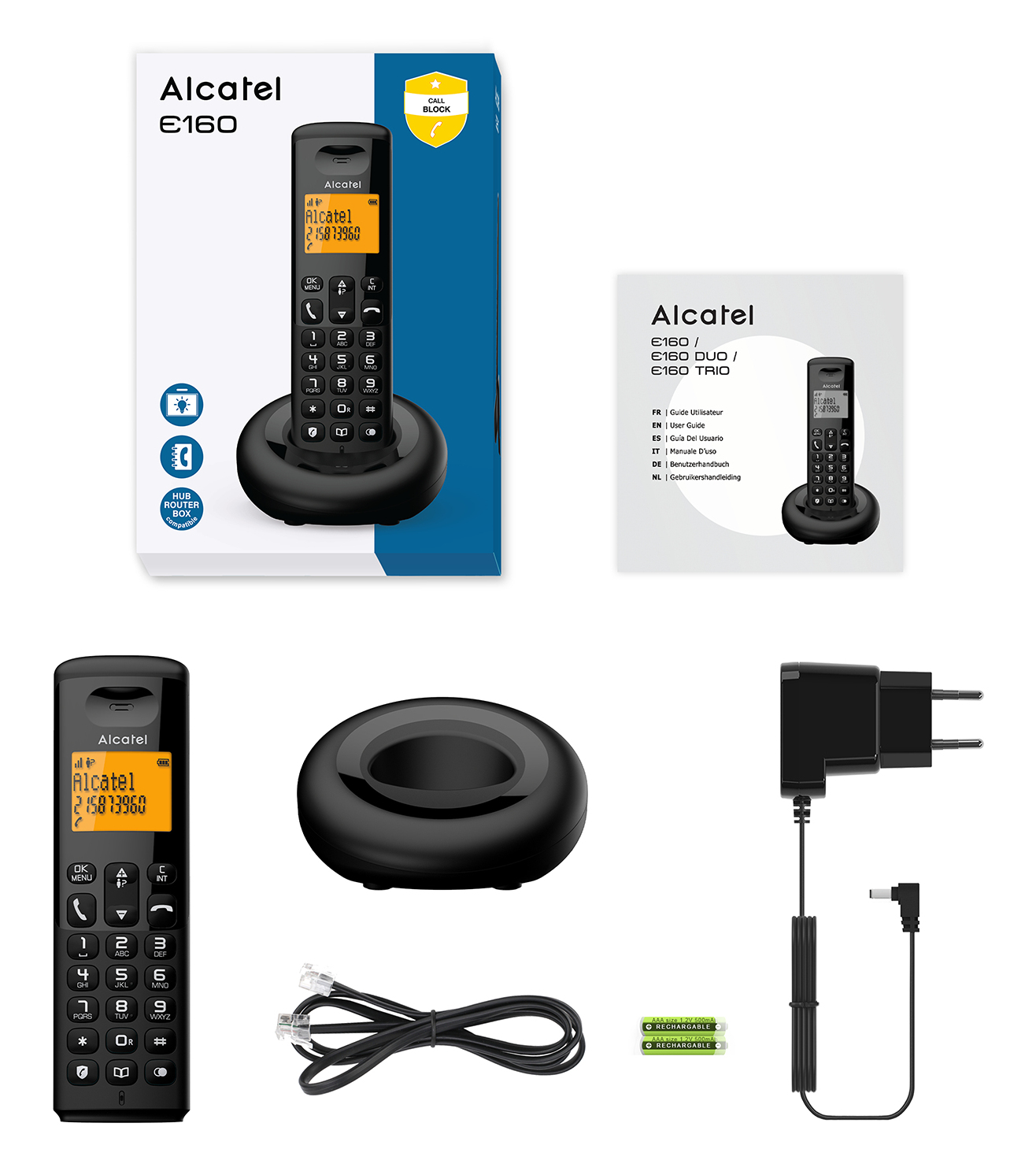 Telefono Alcatel E160, base di ricarica, cavo, alimentatore e batterie.