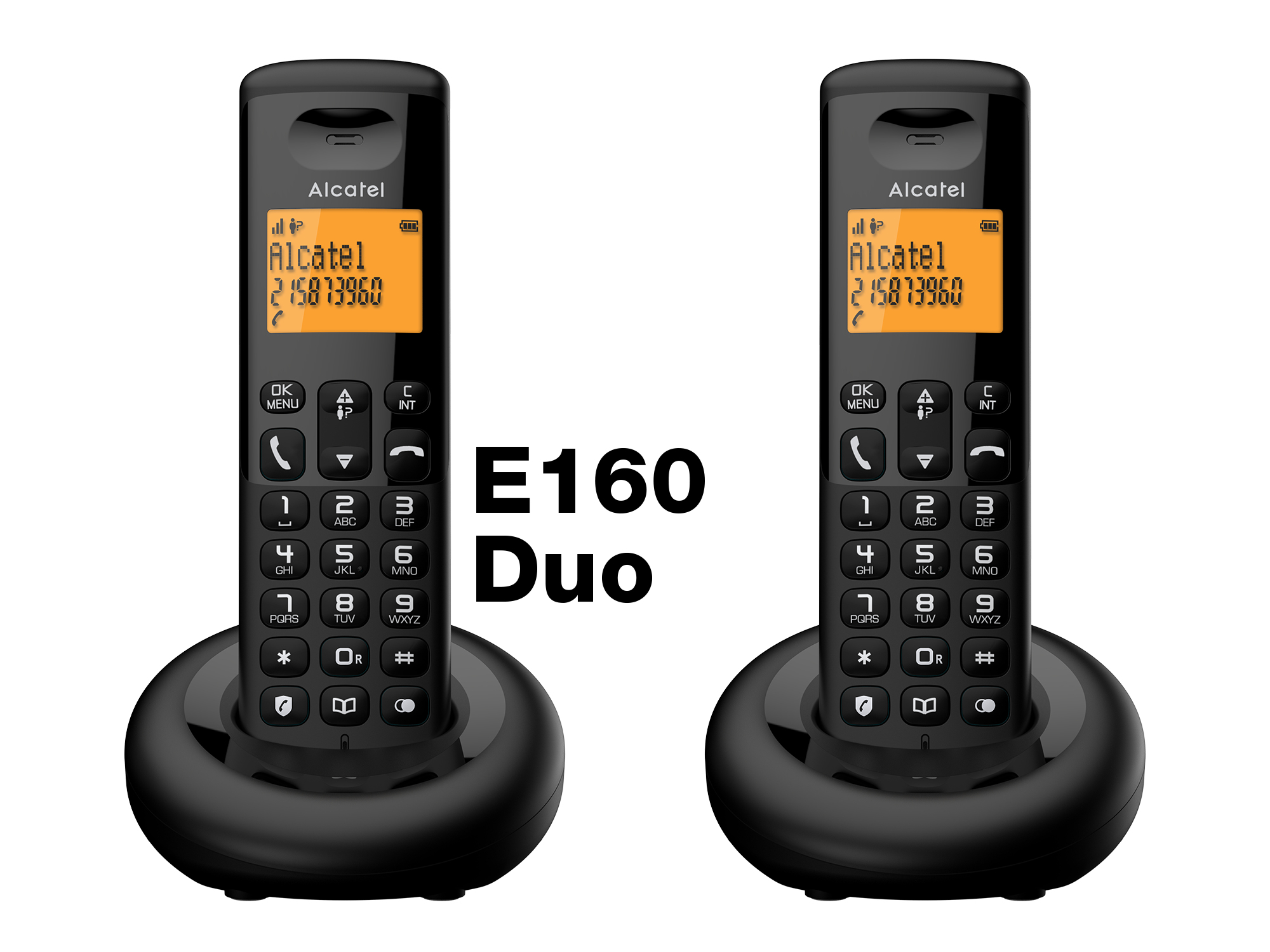 Due telefoni cordless Alcatel neri su basi di ricarica nere.