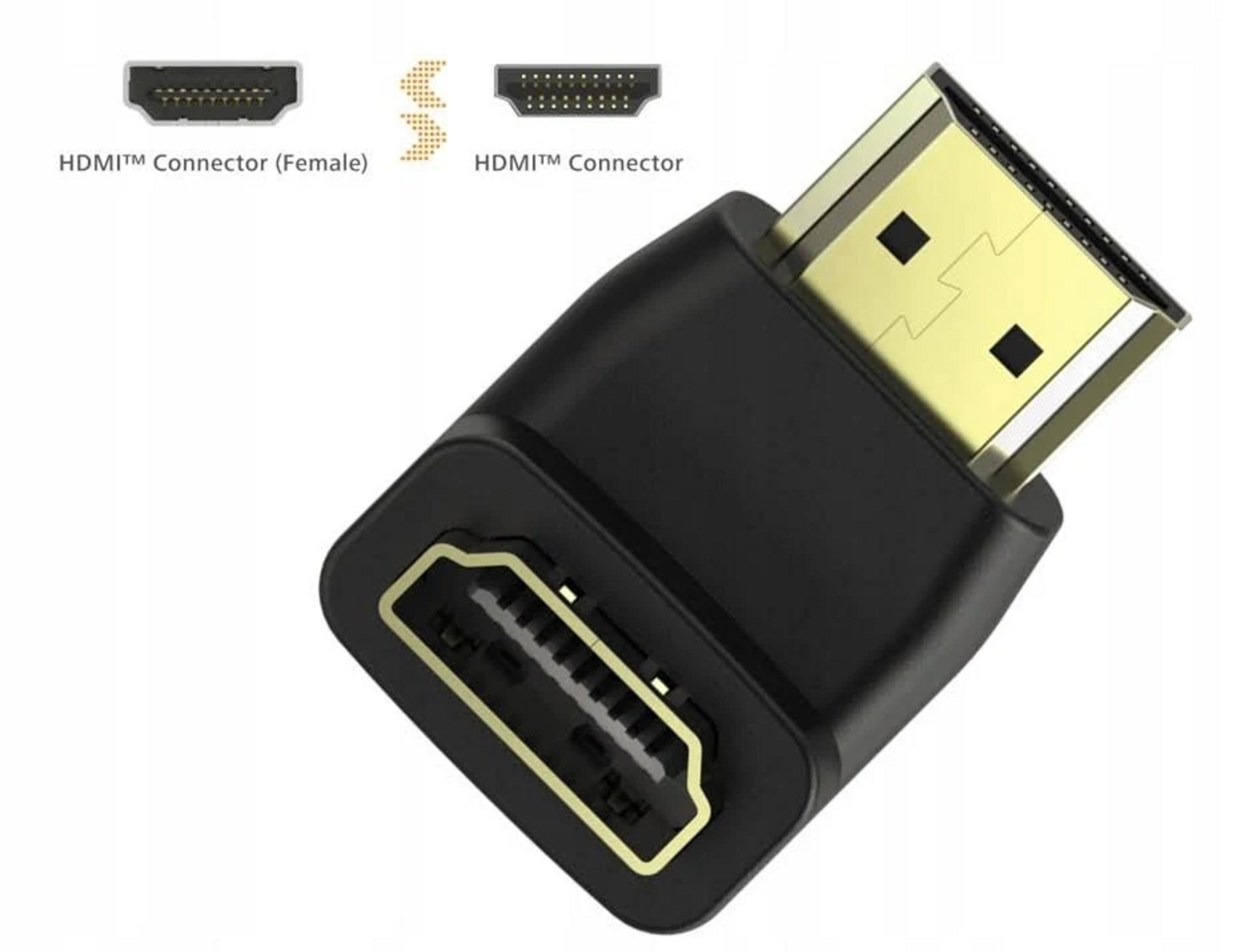 Ein schwarzer HDMI-Adapter mit goldenen Anschlüssen auf weißem Hintergrund.