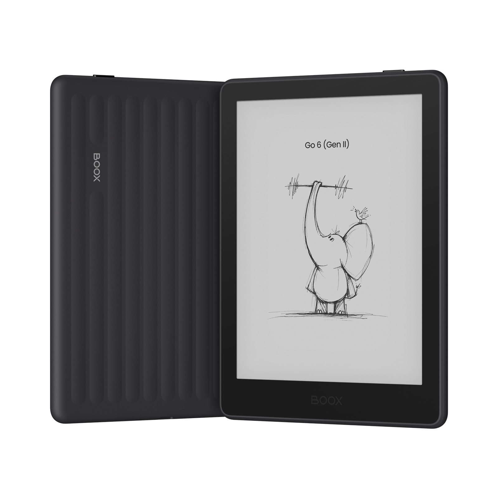 Ein schwarzer E-Reader im geöffneten Zustand, mit einer Zeichnung eines Elefanten, der ein Gewicht hebt.