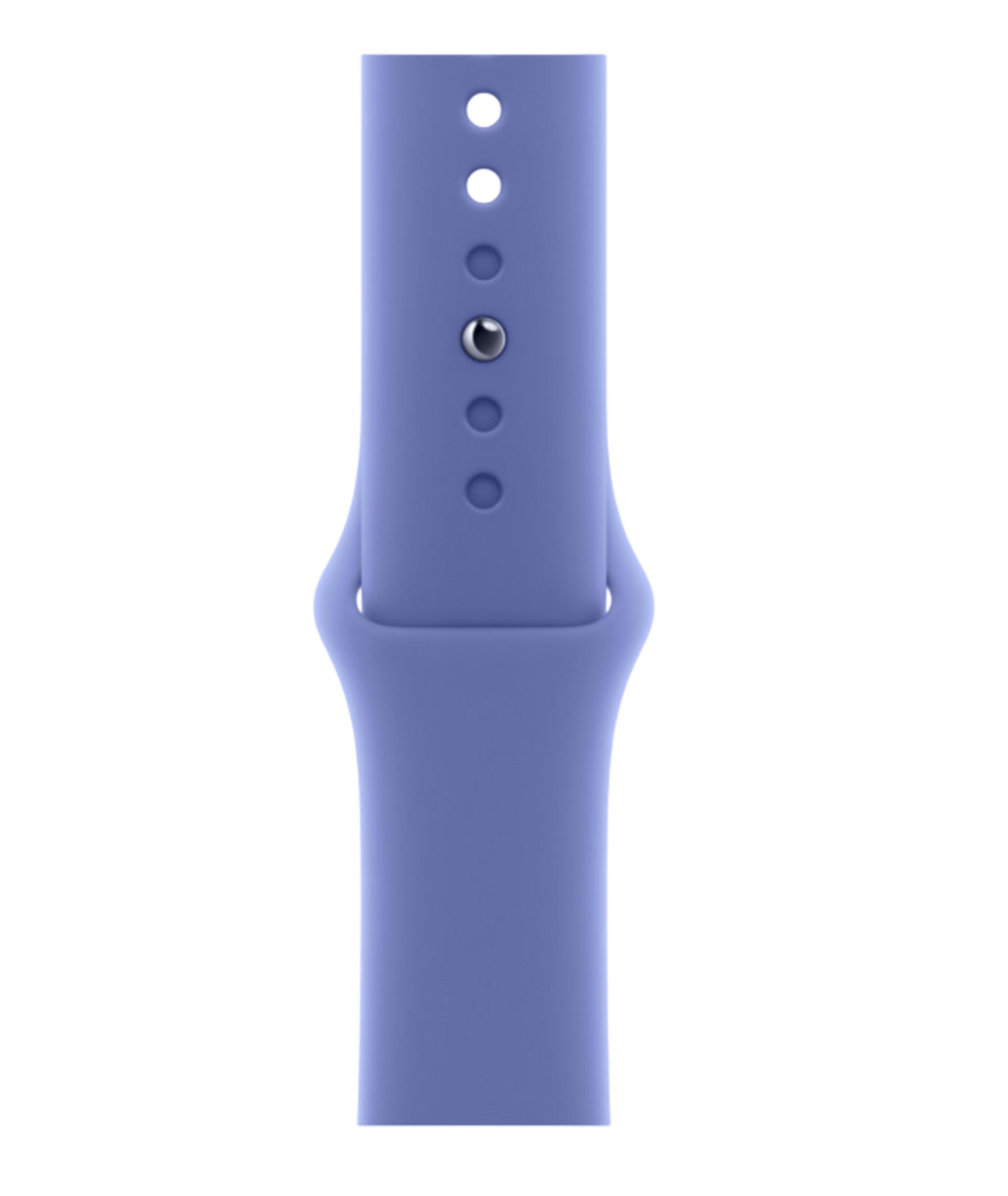 Una sezione di cinturino da orologio lavanda con perno argentato e quattro fori.