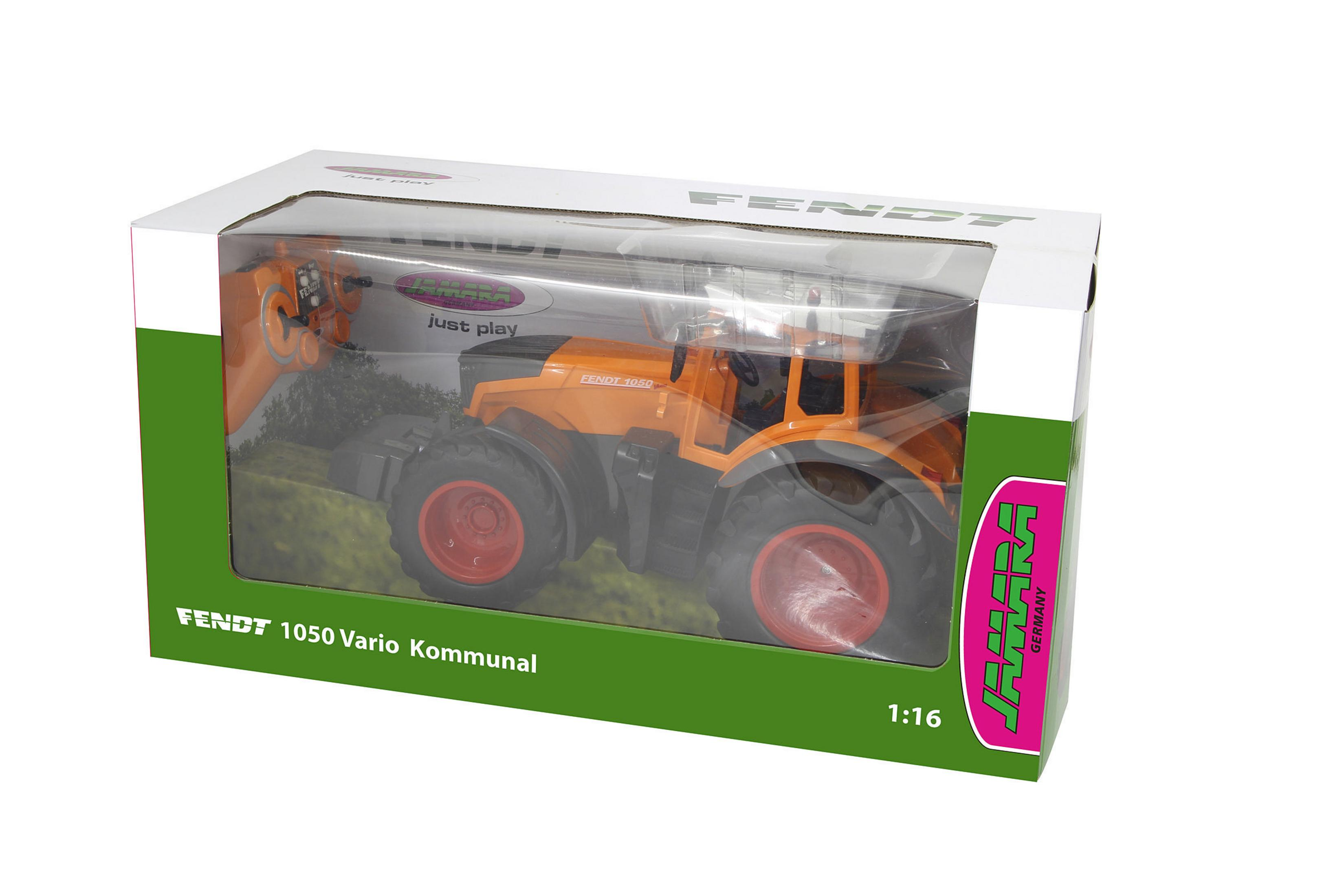 Un modelo de juguete naranja de un tractor Fendt 1050 en su embalaje.