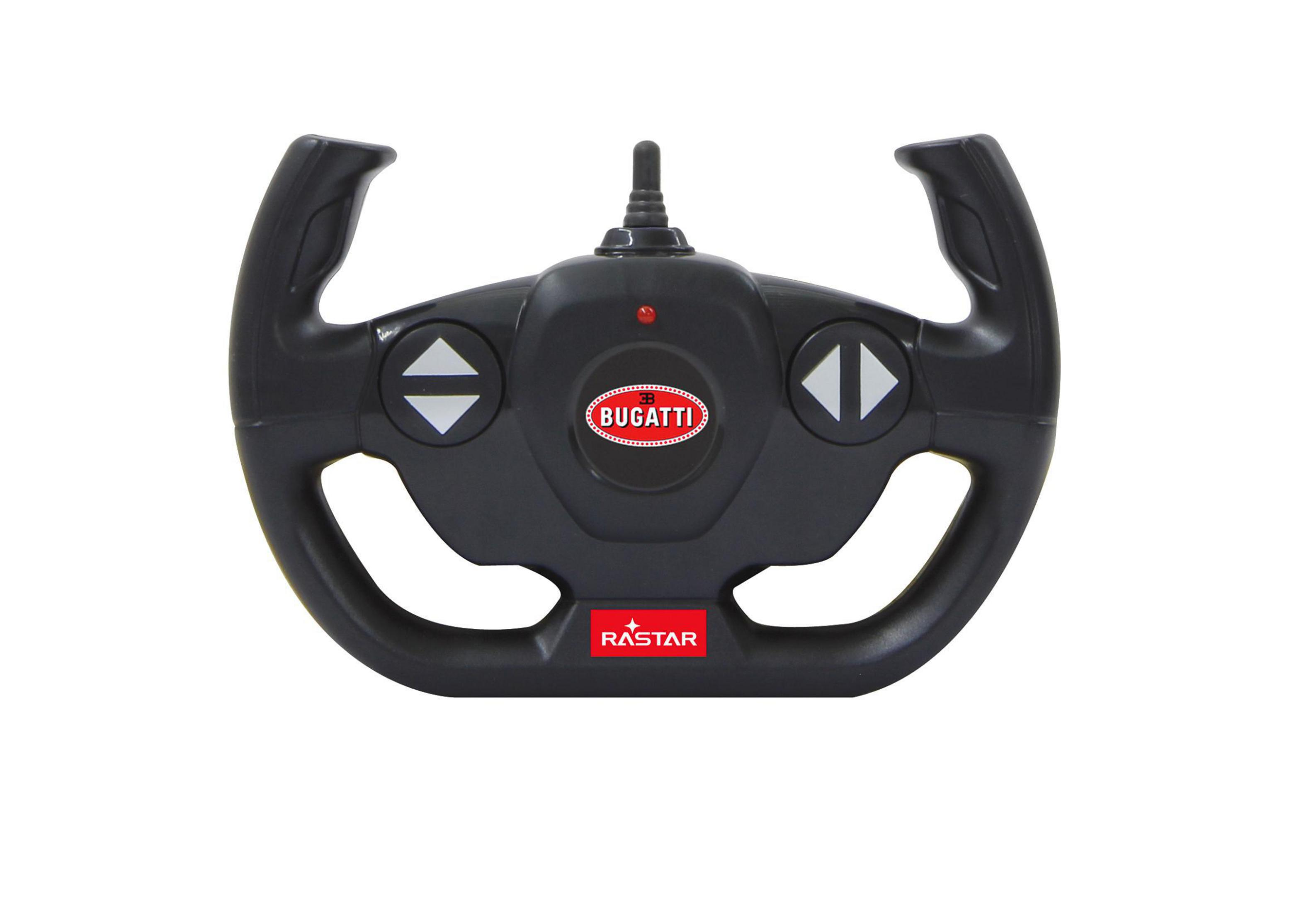 Schwarzer ferngesteuerter Spielzeug-Controller mit Bugatti-Logo und Rastar-Logo.