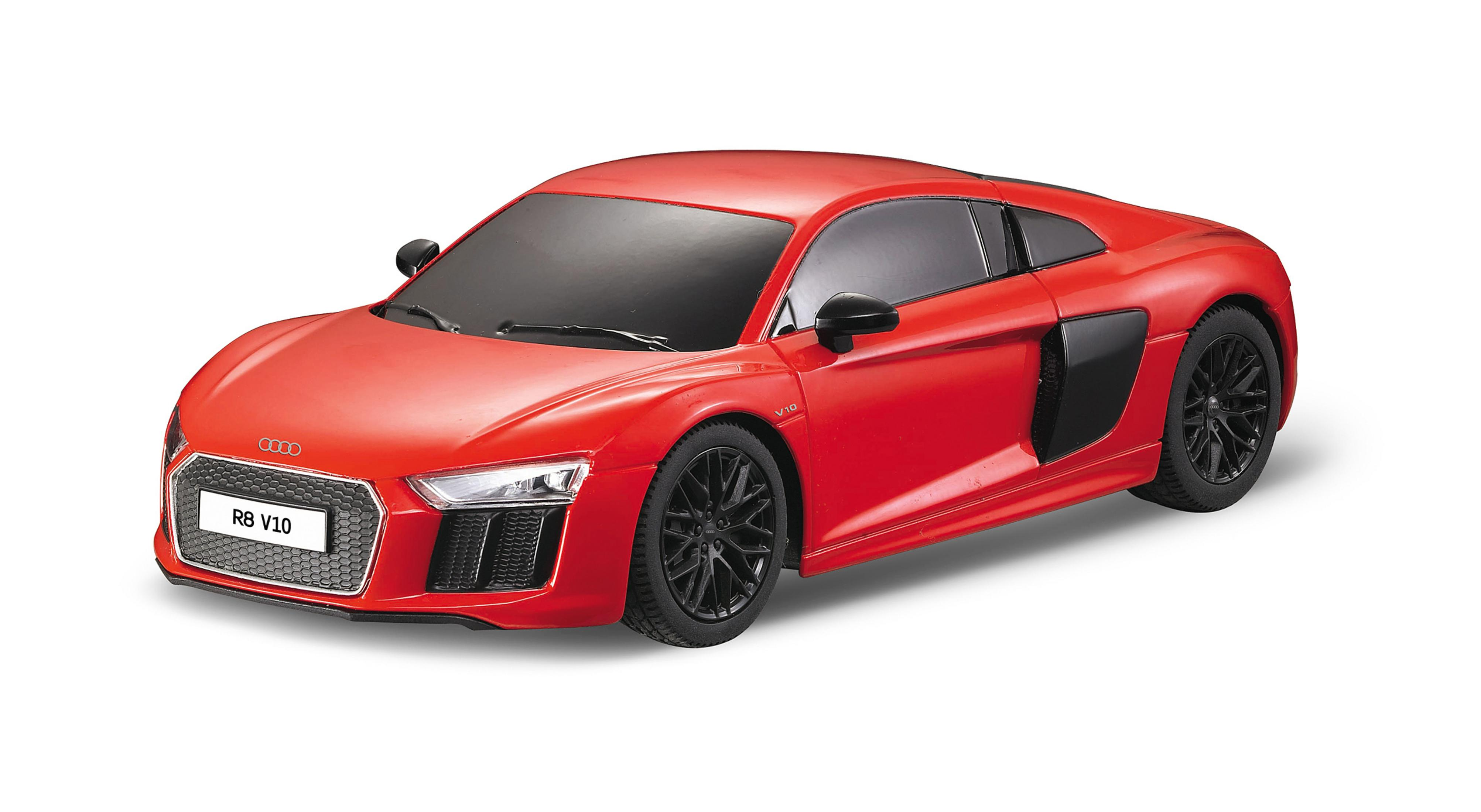 Un coche deportivo rojo Audi R8 V10 con ruedas negras sobre fondo blanco.