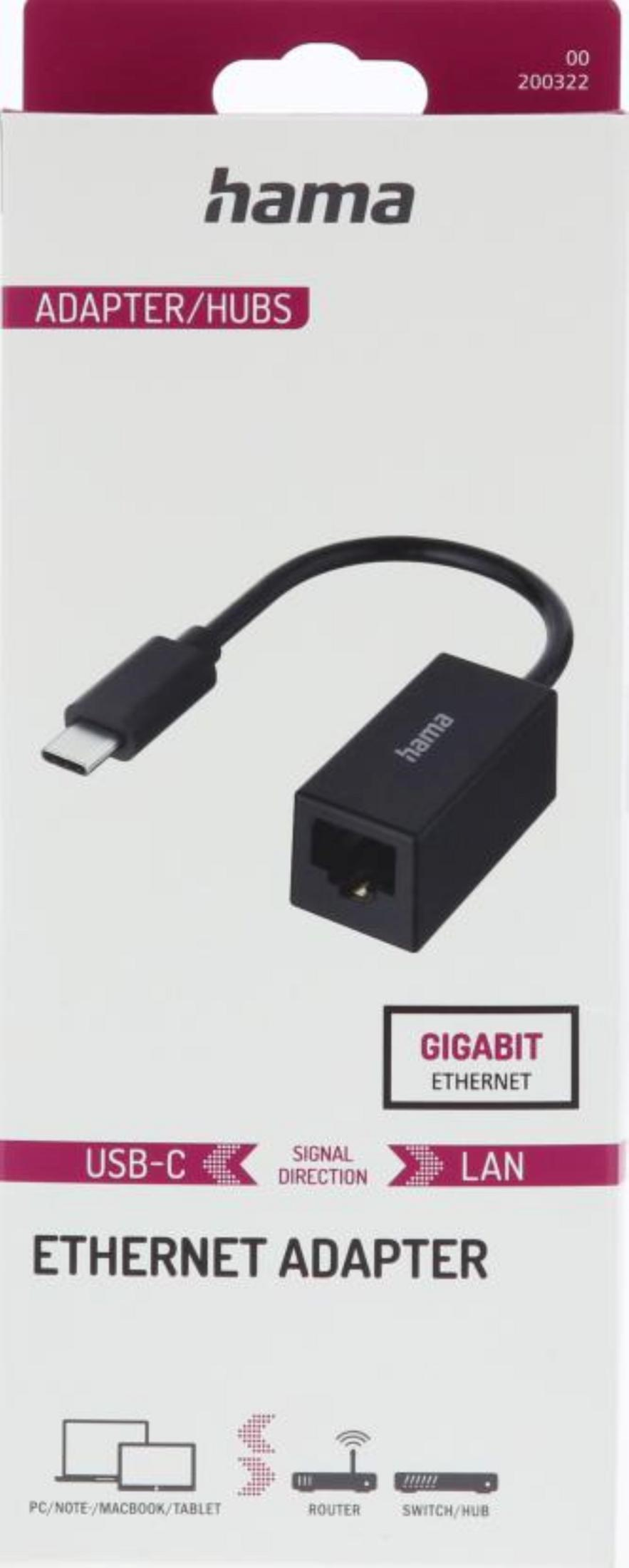 Adattatore Ethernet Hama USB-C con porta Gigabit Ethernet.