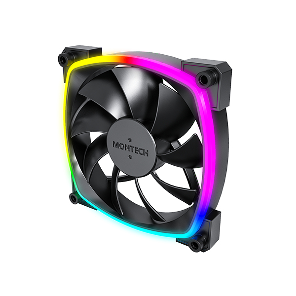 Siyah bilgisayar fanı, çerçevede RGB aydınlatmalı.