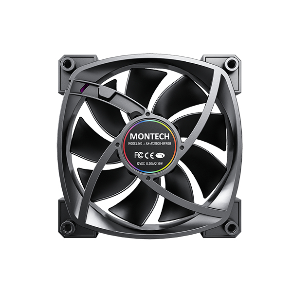 Gümüş çerçeveli, RGB aydınlatmalı siyah Montech fan.