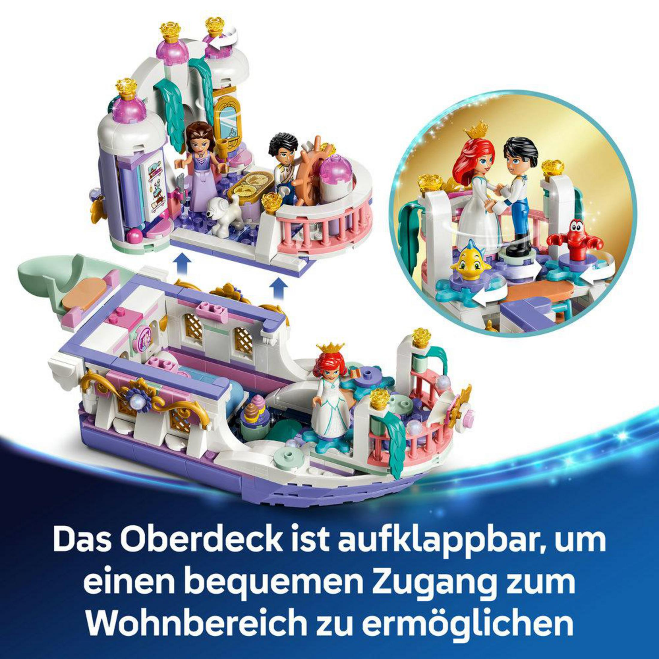Zamek LEGO z postaciami, w tym Ariel, Księciem Erykiem i Flounderem.