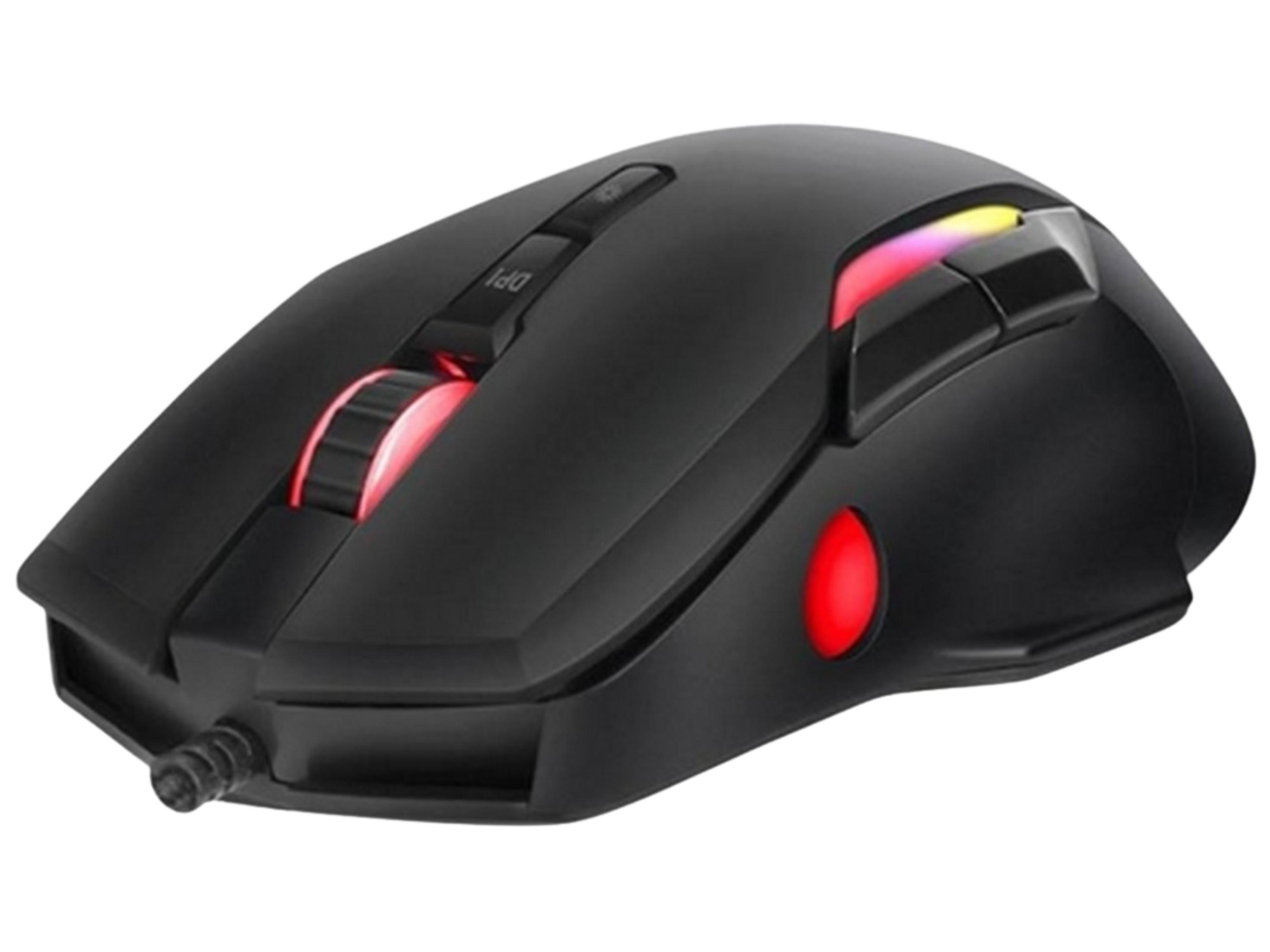 Mouse da gaming nero con accenti luminosi rossi e gialli.