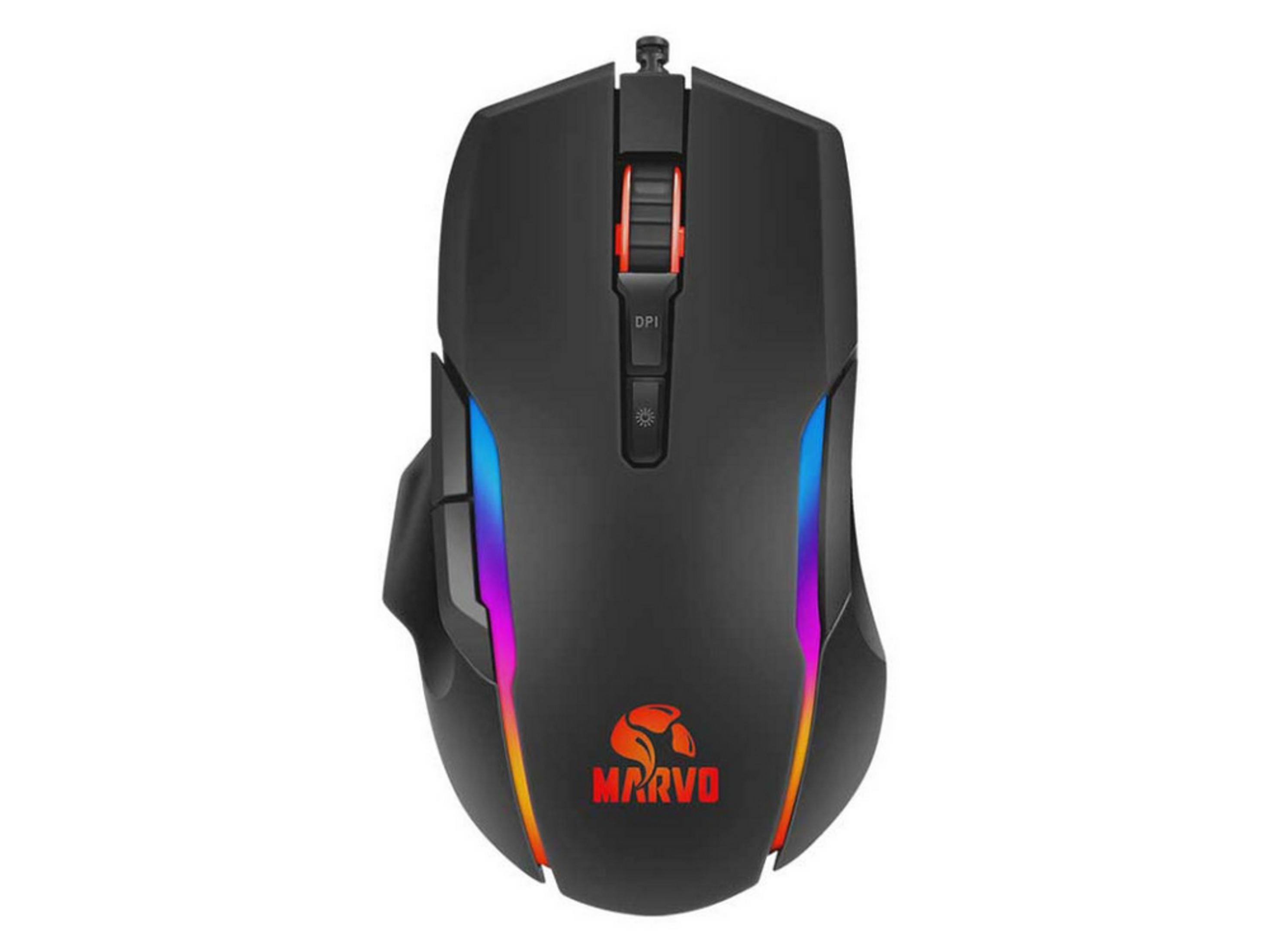 Mouse da gaming nero con illuminazione RGB e logo Marvo.