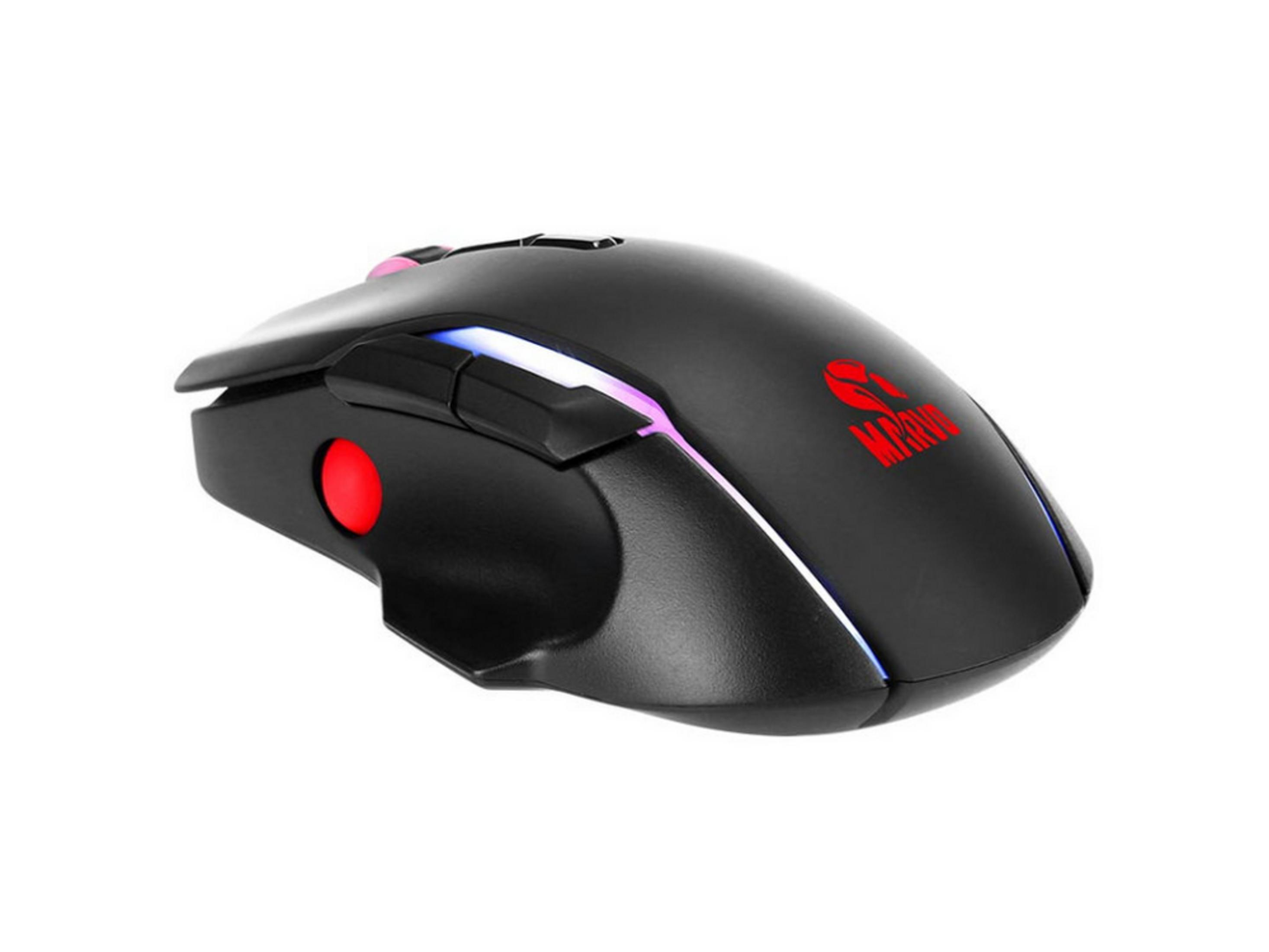 Mouse da gaming nero con logo rosso e luci blu.