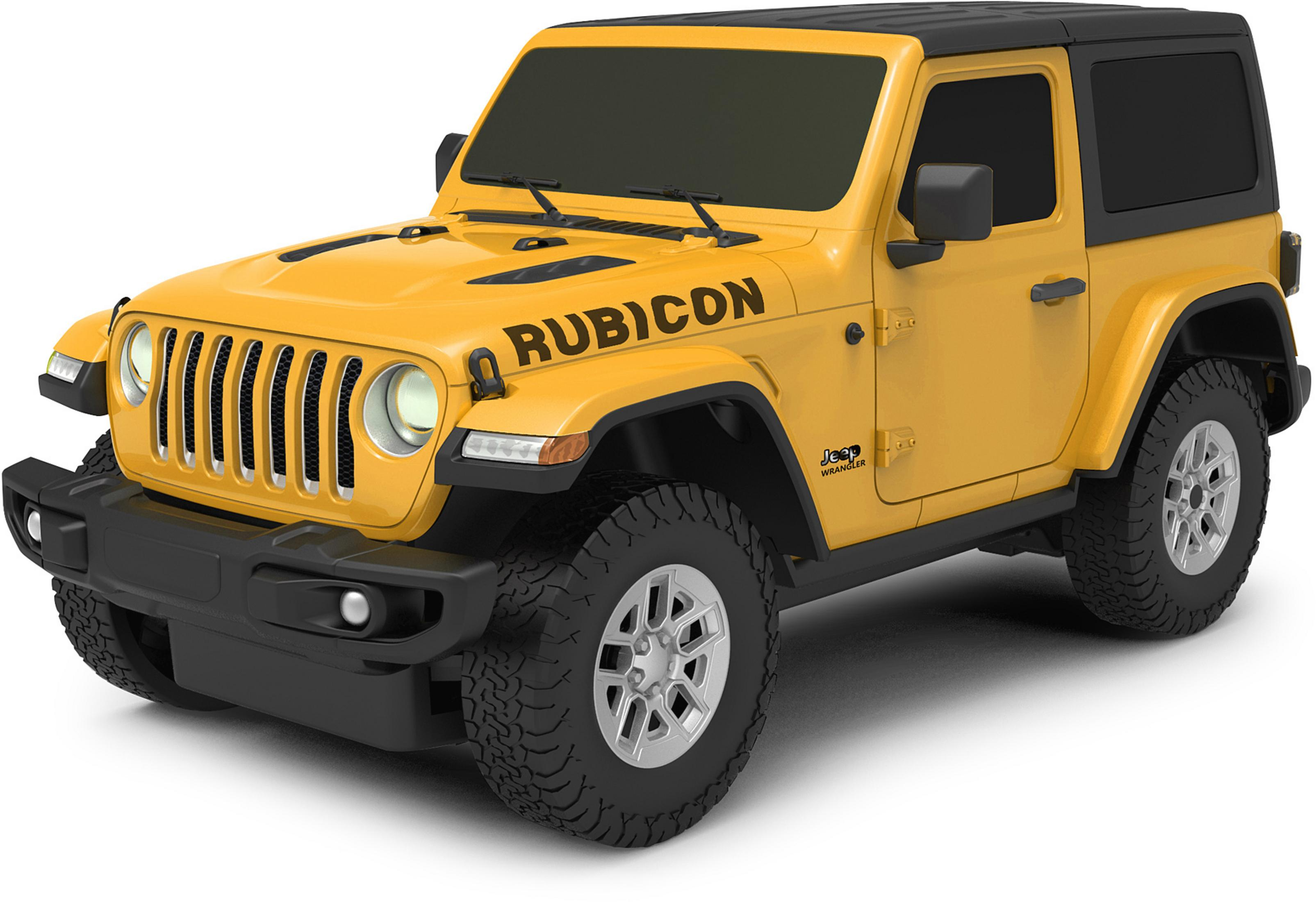 Gelber Jeep Wrangler Rubicon mit schwarzem Dach und Felgen auf weißem Hintergrund.
