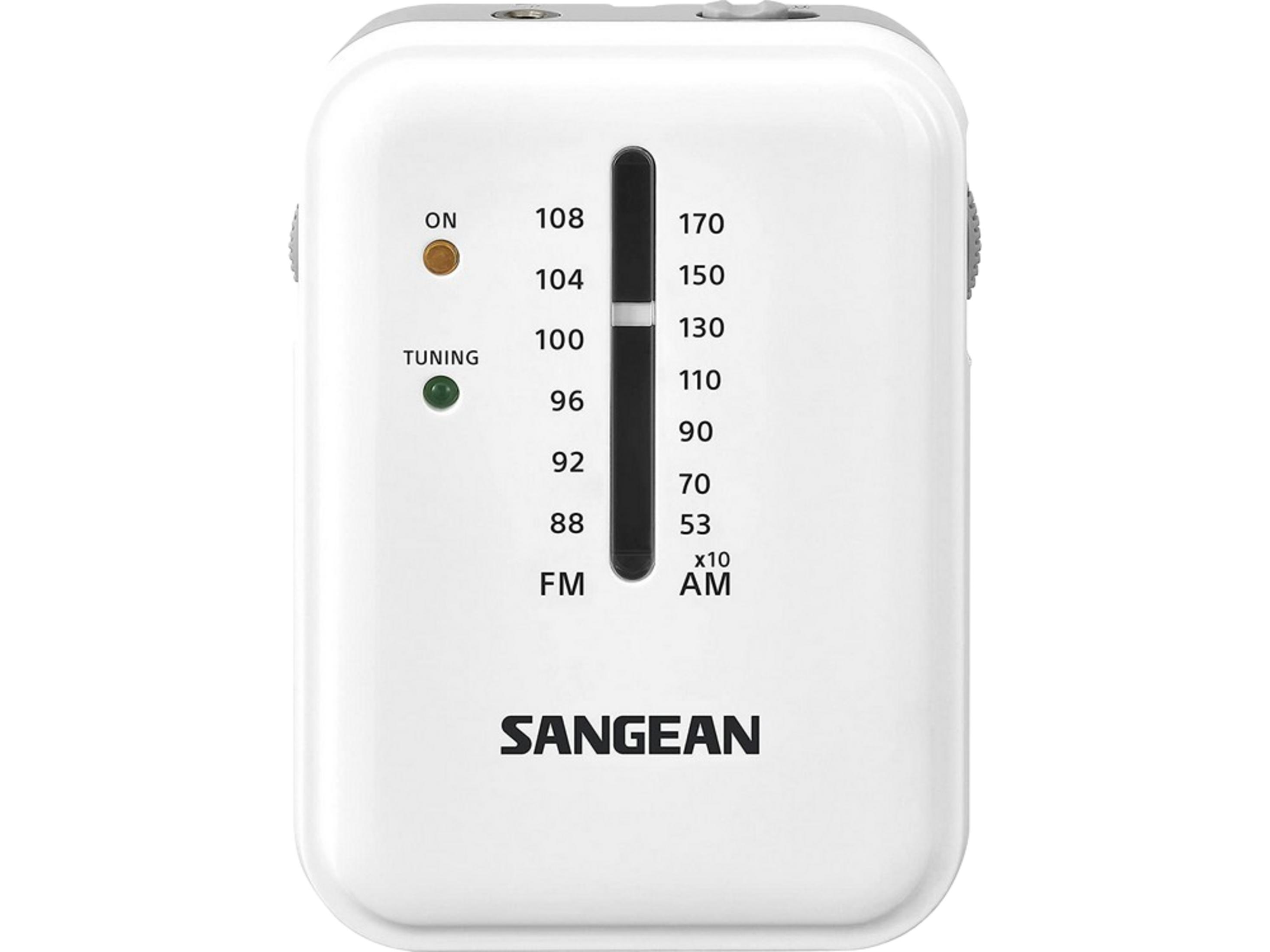 Una radio Sangean bianca con scala di frequenza FM/AM e LED di sintonia.