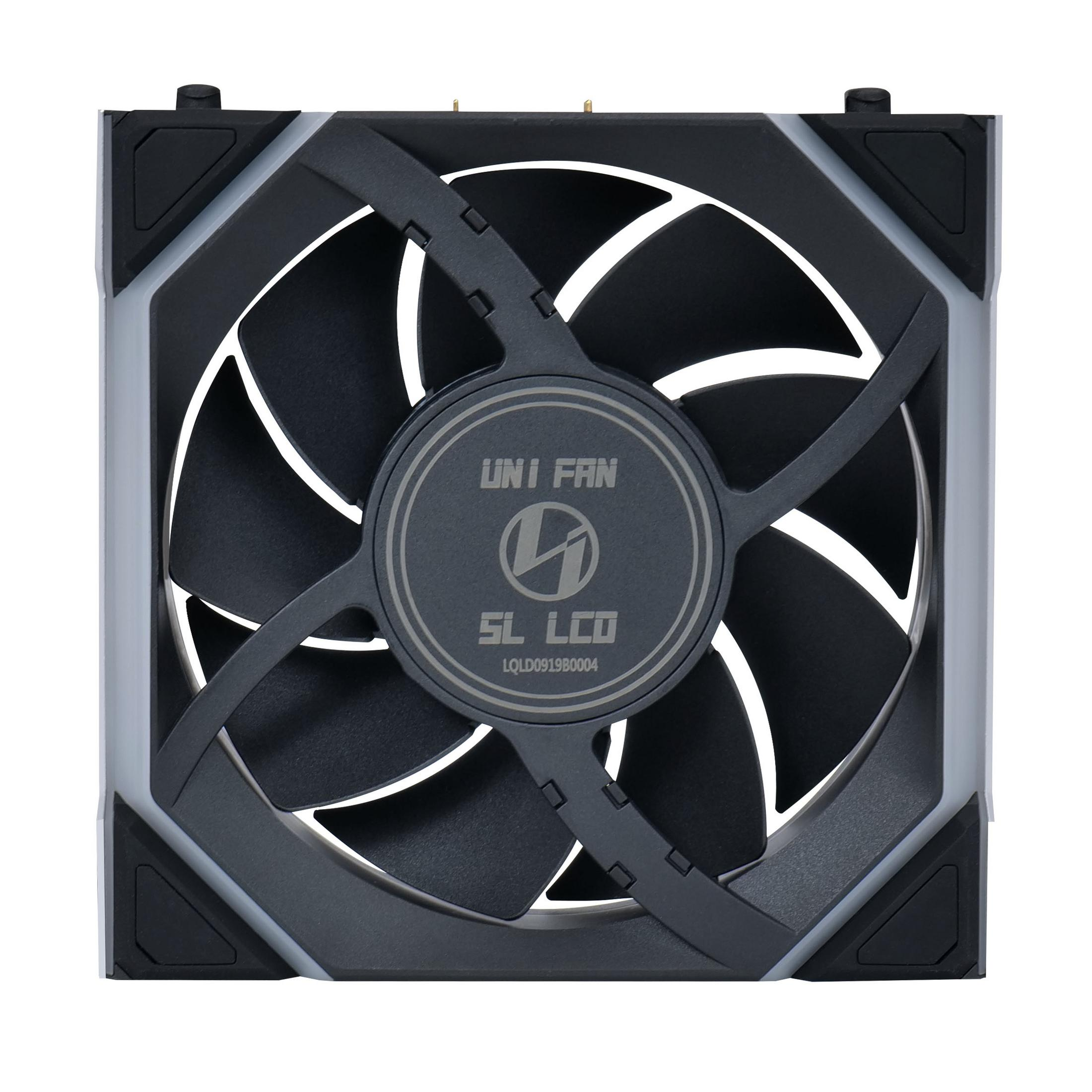 Un ventilador de computadora negro con detalles blancos sobre fondo blanco.