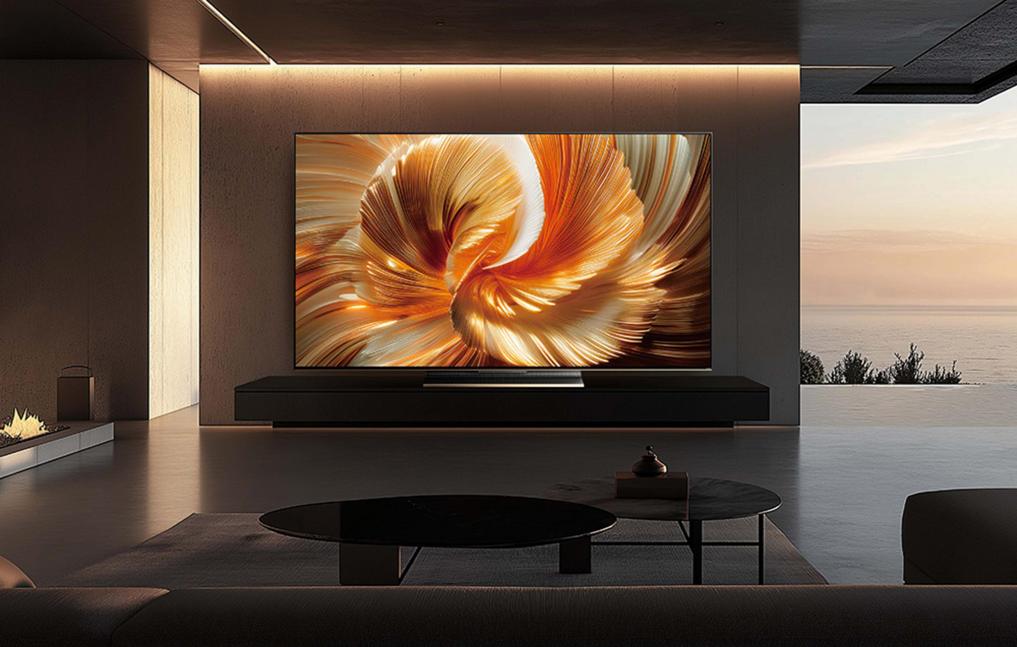 Ein modernes Wohnzimmer mit einem großen Fernseher, der ein abstraktes Bild zeigt.