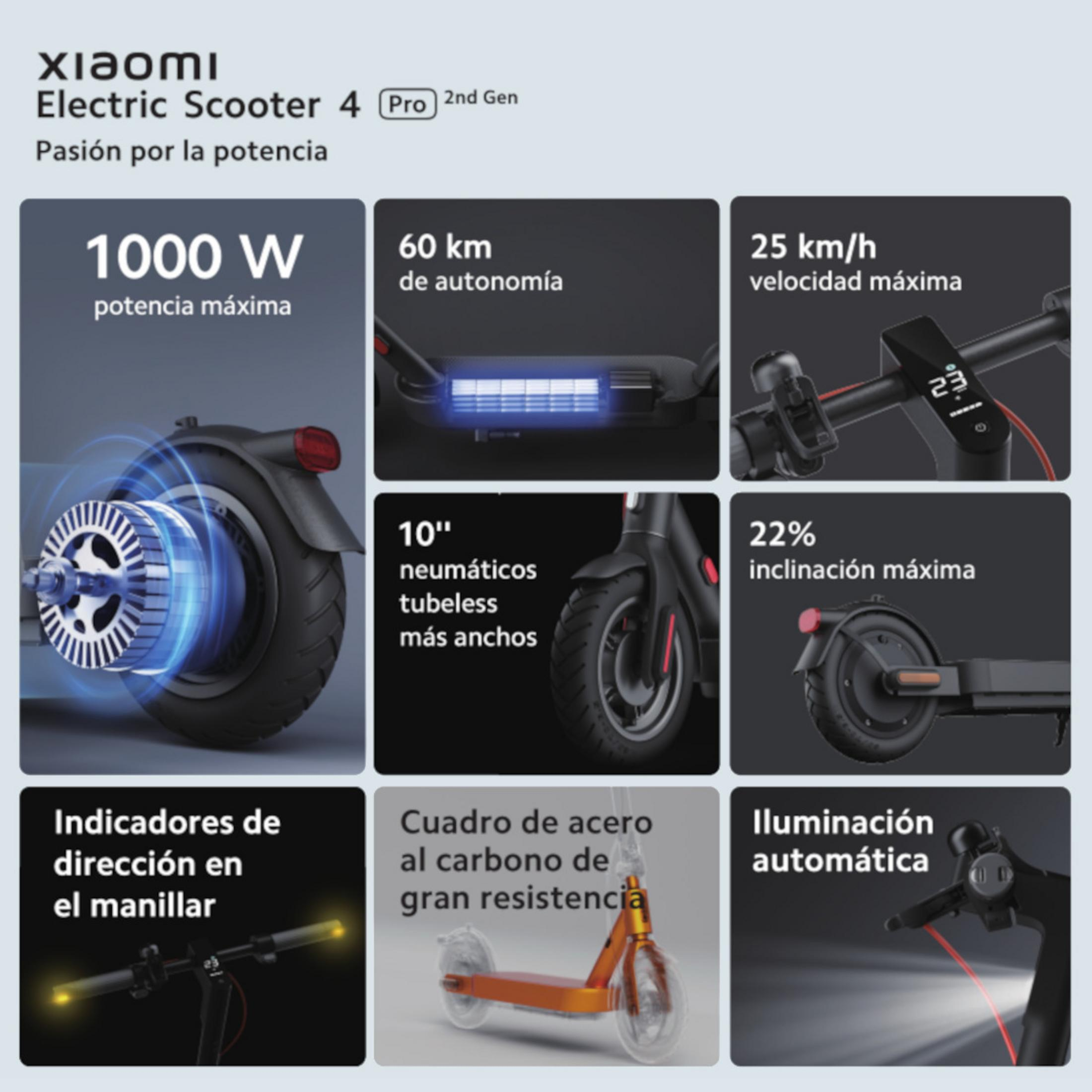 Xiaomi E-Scooter 4 Pro: 1000W, 60km autonomía, 25km/h, 10" neumáticos, 22% inclinación.