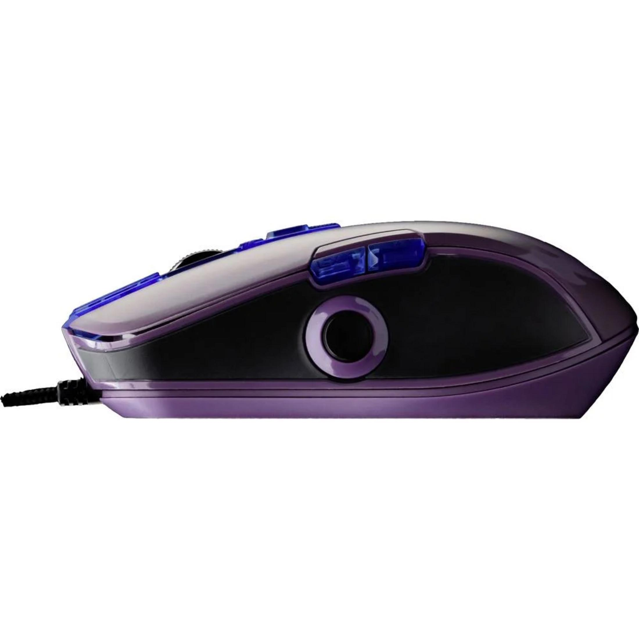 Mouse gaming viola con accenti blu e cavo nero.