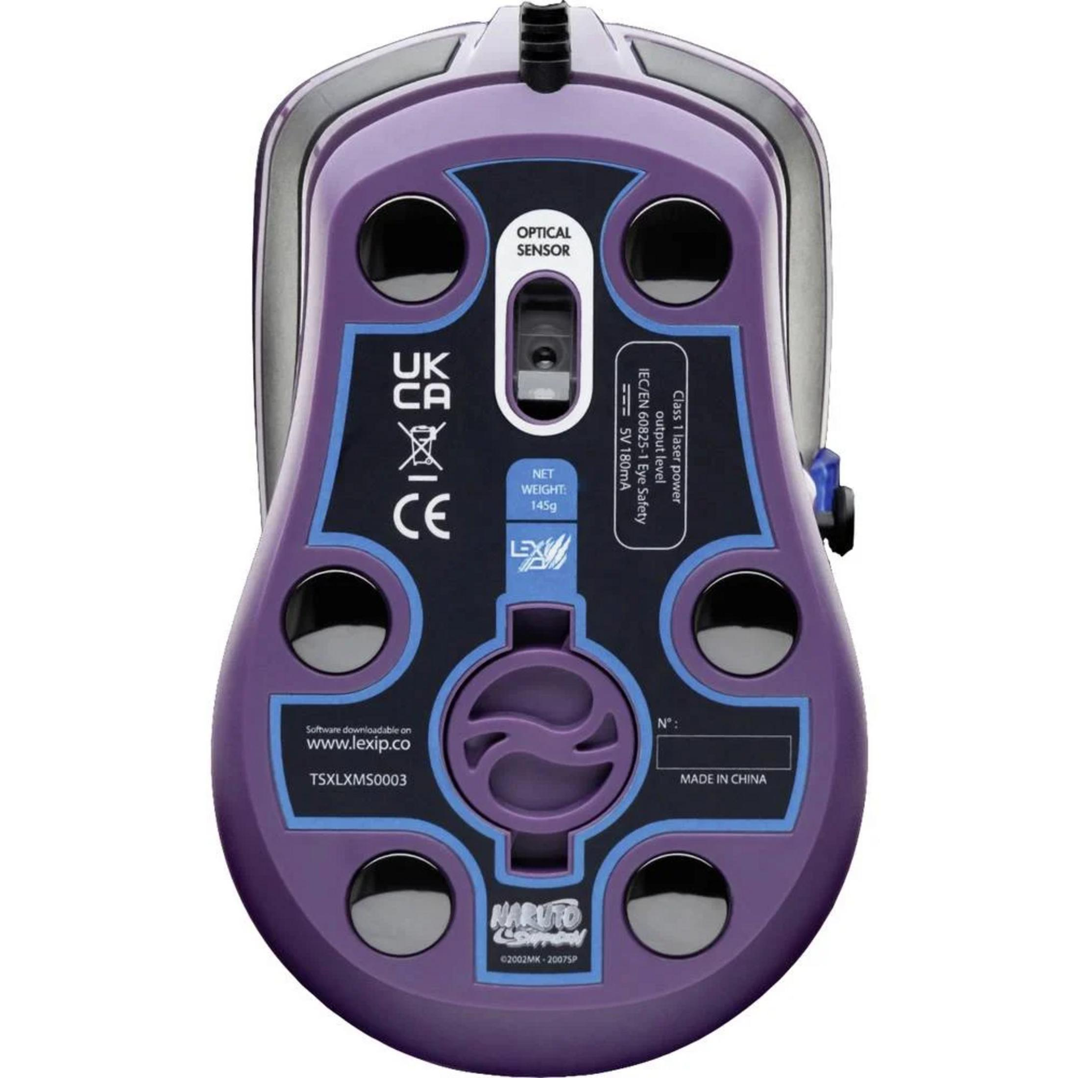 Parte inferiore di un mouse da gaming viola con sensore ottico e logo Naruto.